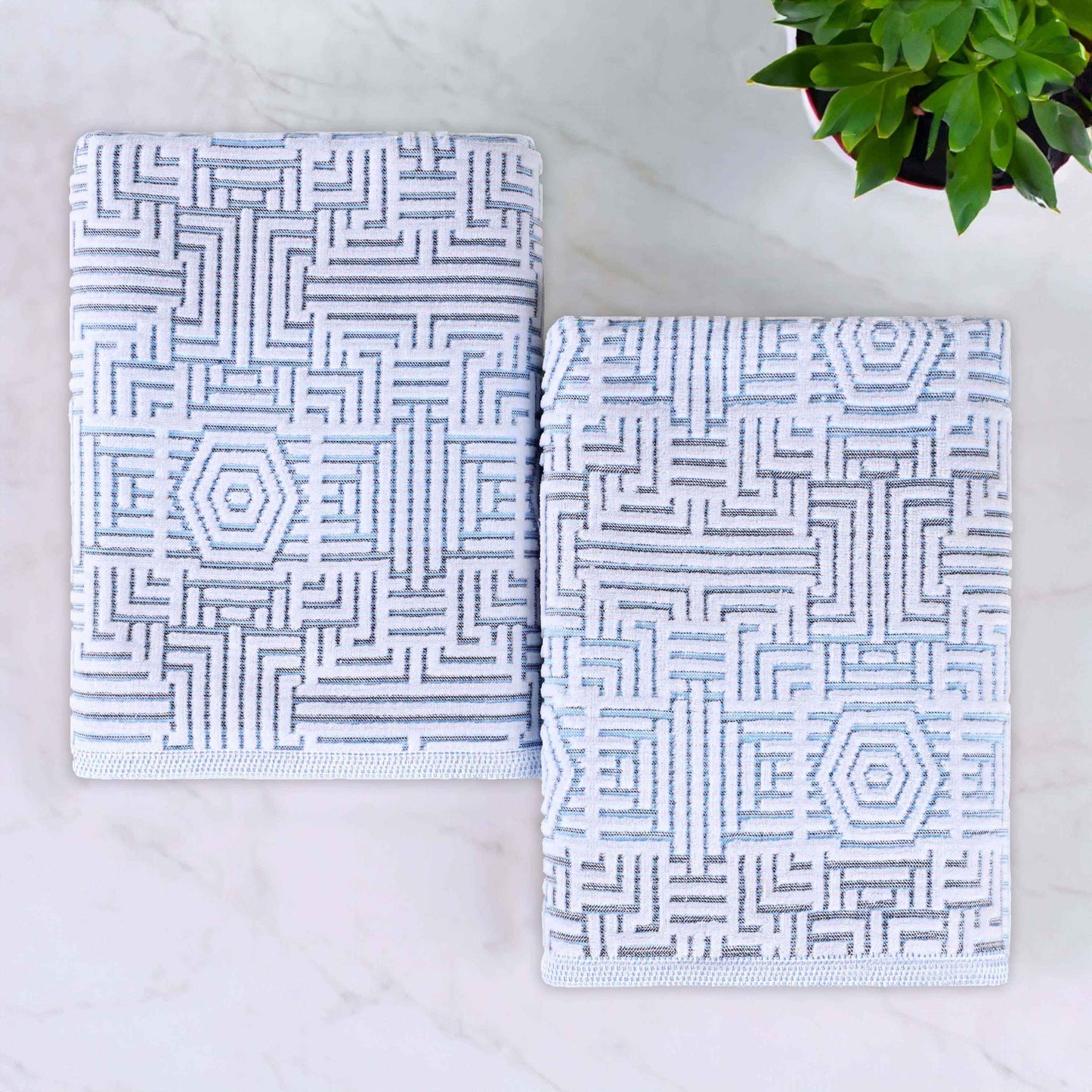 Cotton Modern Geometric Jacquard Plush Bath Sheet Set of 2 - Blue