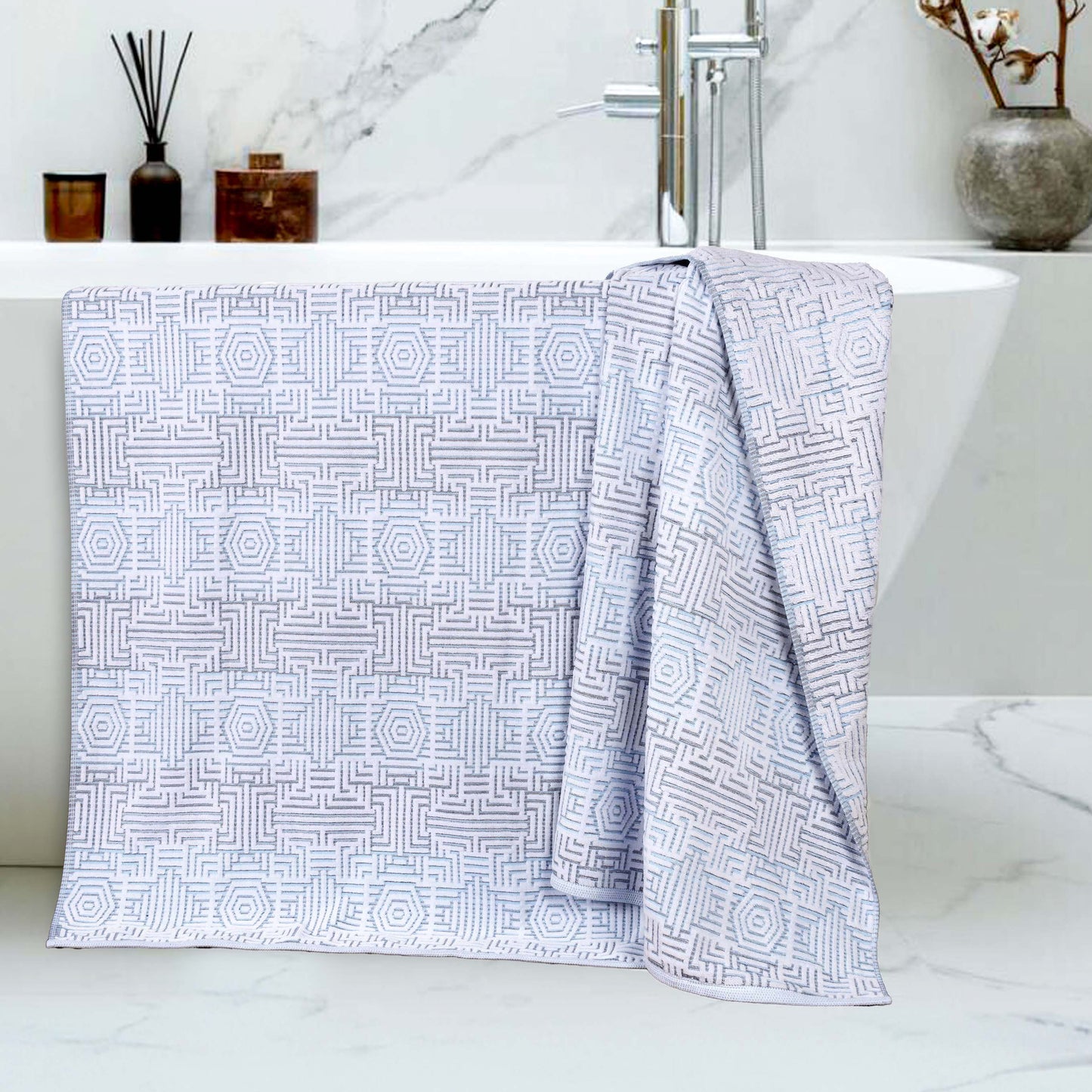 Cotton Modern Geometric Jacquard Plush Bath Sheet Set of 2 - Blue
