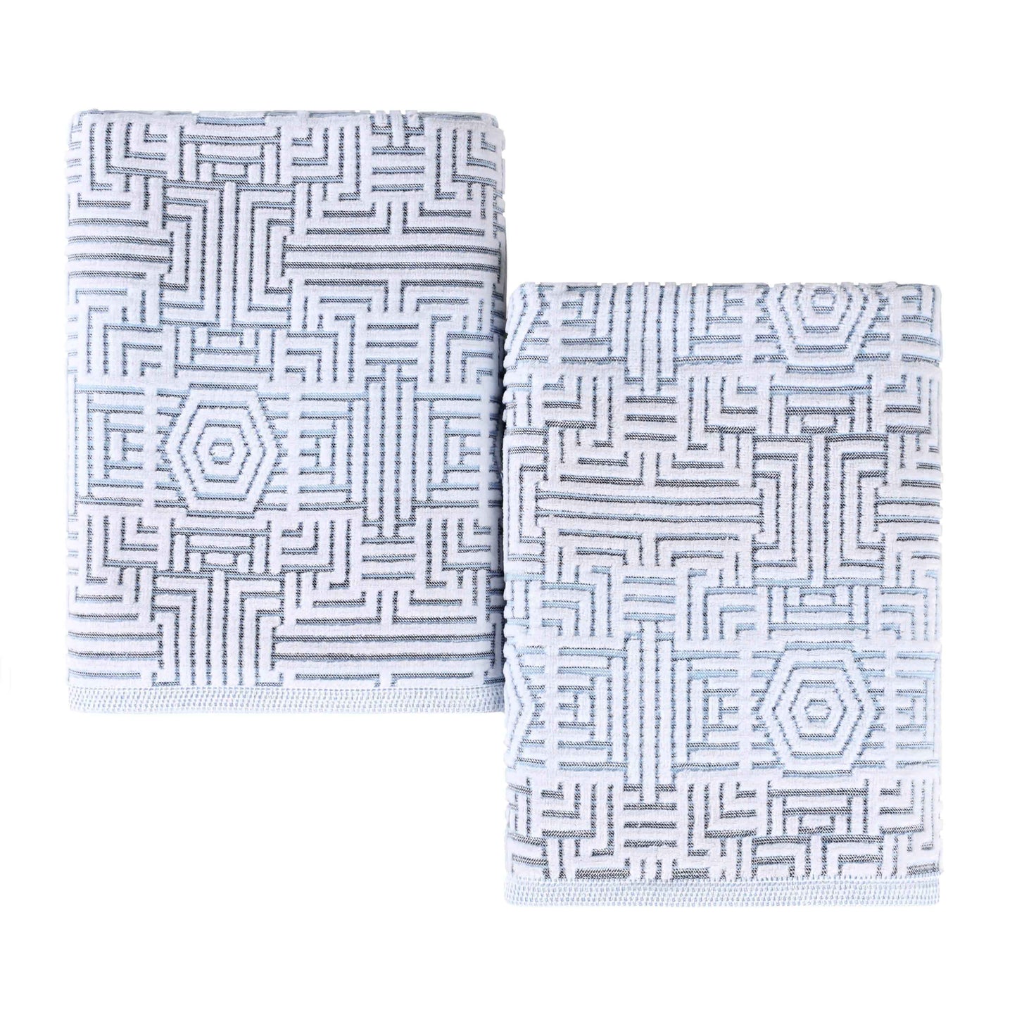 Cotton Modern Geometric Jacquard Plush Bath Sheet Set of 2 - Blue