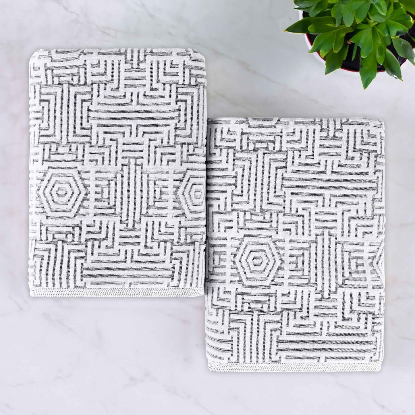 Cotton Modern Geometric Jacquard Plush Bath Sheet Set of 2 - Charcoal