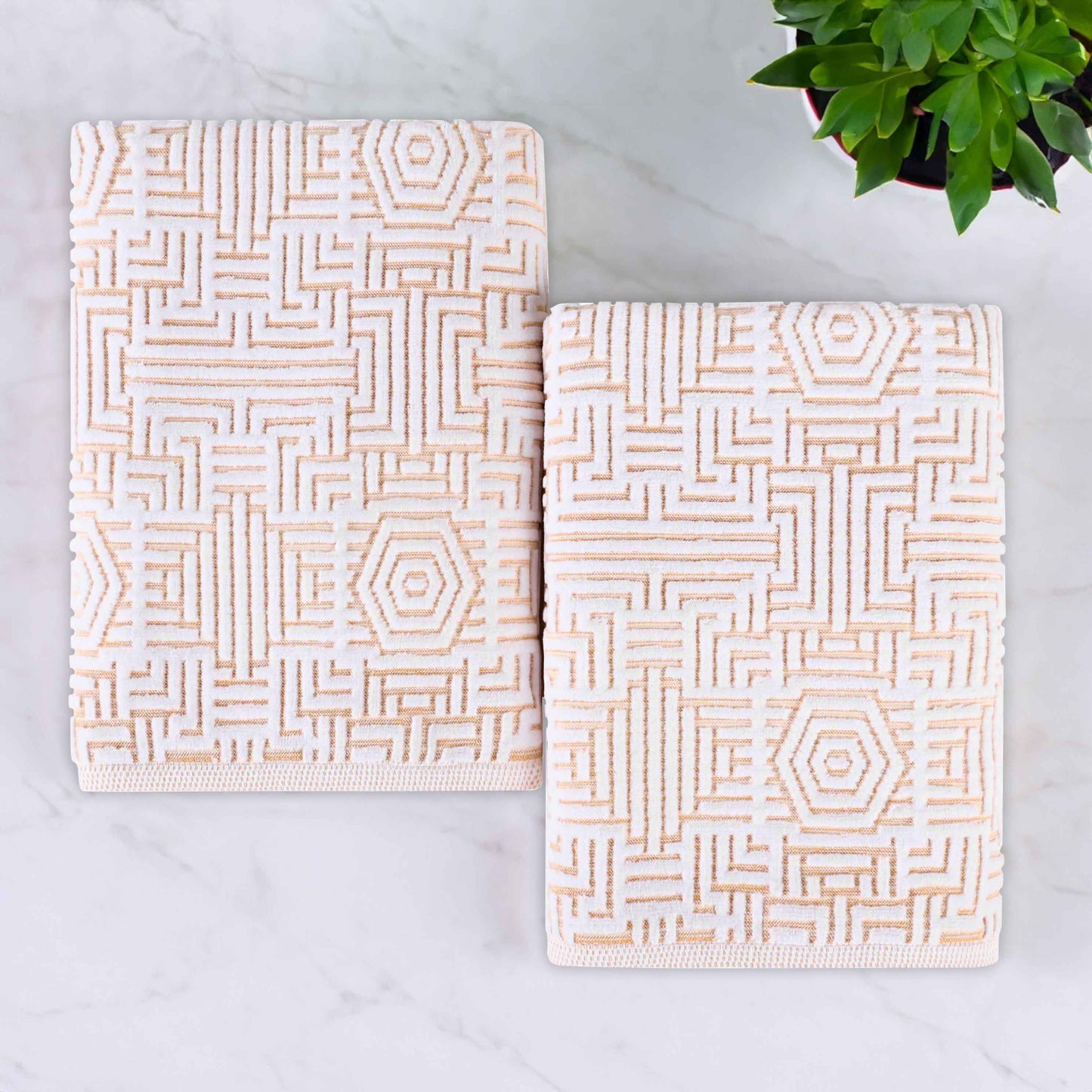 Cotton Modern Geometric Jacquard Plush Bath Sheet Set of 2 - Gold