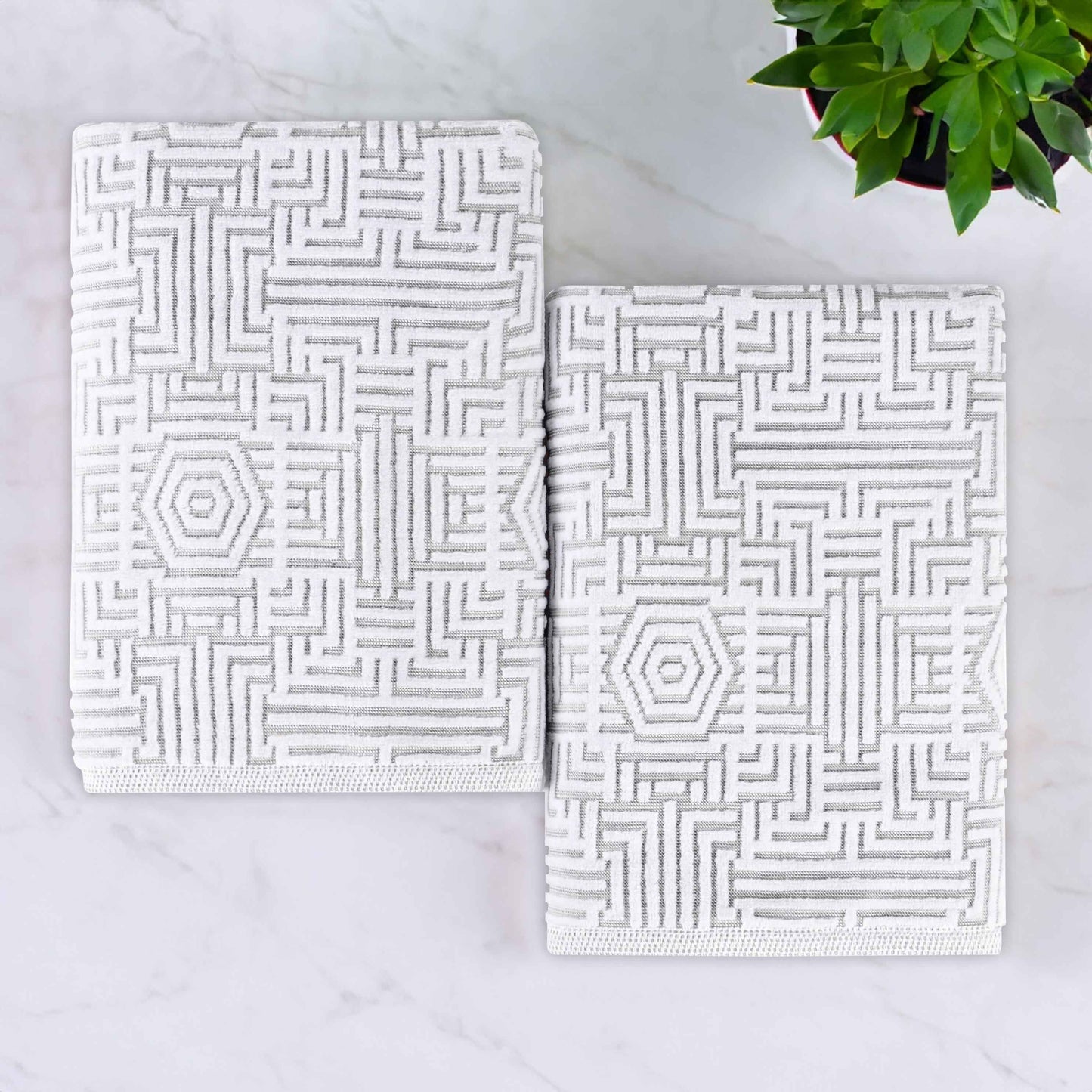 Cotton Modern Geometric Jacquard Plush Bath Sheet Set of 2 - Platinum