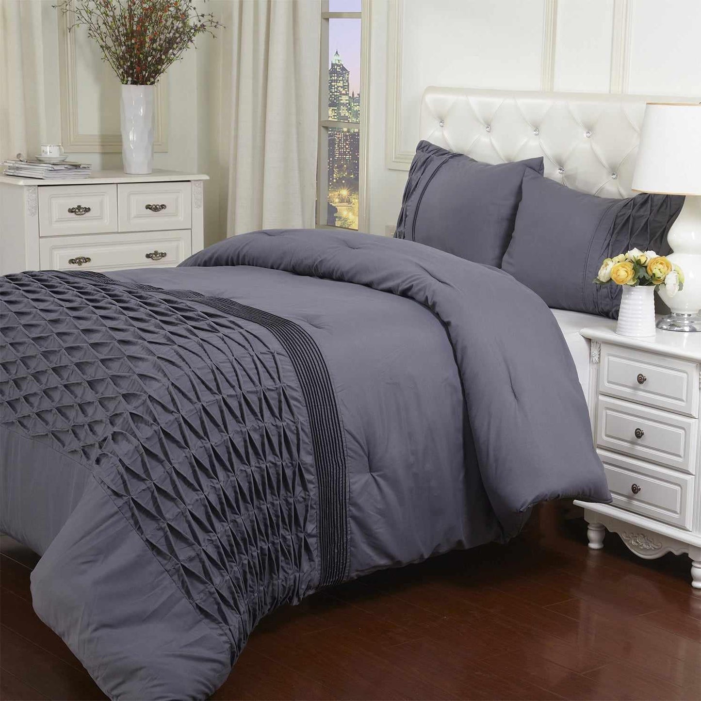Superior Cozy Pleated Diamond Comforter Set - Grey