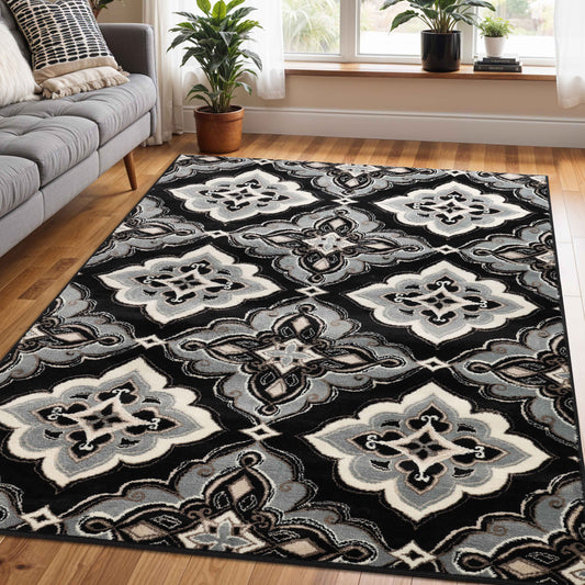 Crawford Modern Medallion Indoor Area Rug or Runner Rug Or Door Mat - Black