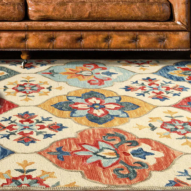 Geometric Floral Hand-Tufted Handmade Wool Indoor Area Rug Or Runner - Cream-Rust