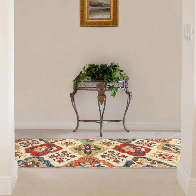 Geometric Floral Hand-Tufted Handmade Wool Indoor Area Rug Or Runner - Cream-Rust