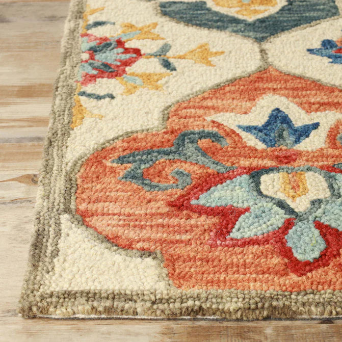 Geometric Floral Hand-Tufted Handmade Wool Indoor Area Rug Or Runner - Cream-Rust