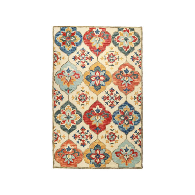 Geometric Floral Hand-Tufted Handmade Wool Indoor Area Rug Or Runner - Cream-Rust