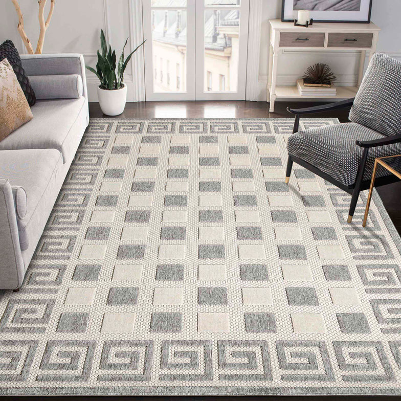 Geometric Greek Key Area Rug Indoor Outdoor Rugs - Cream