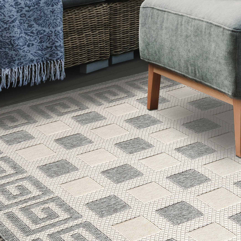 Geometric Greek Key Area Rug Indoor Outdoor Rugs - Cream