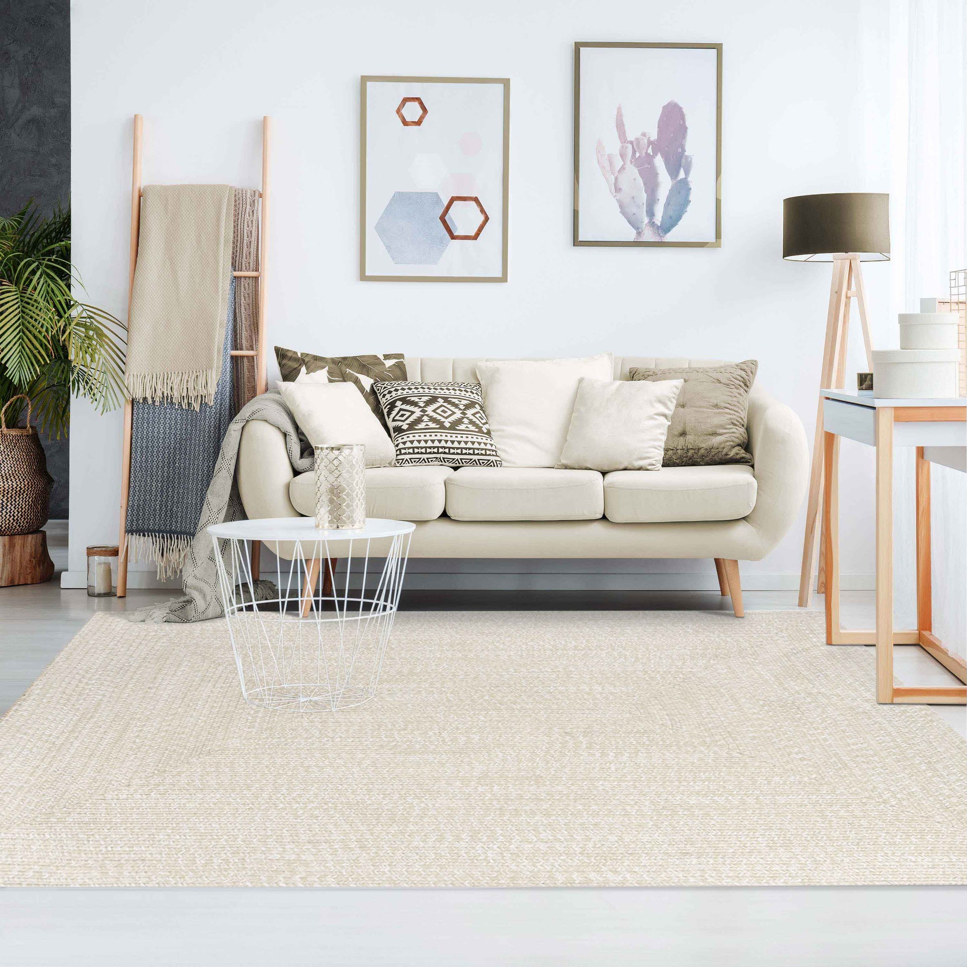 Multi Toned Braided Area Rug Bohemian Indoor Outdoor Rugs - Cream-White