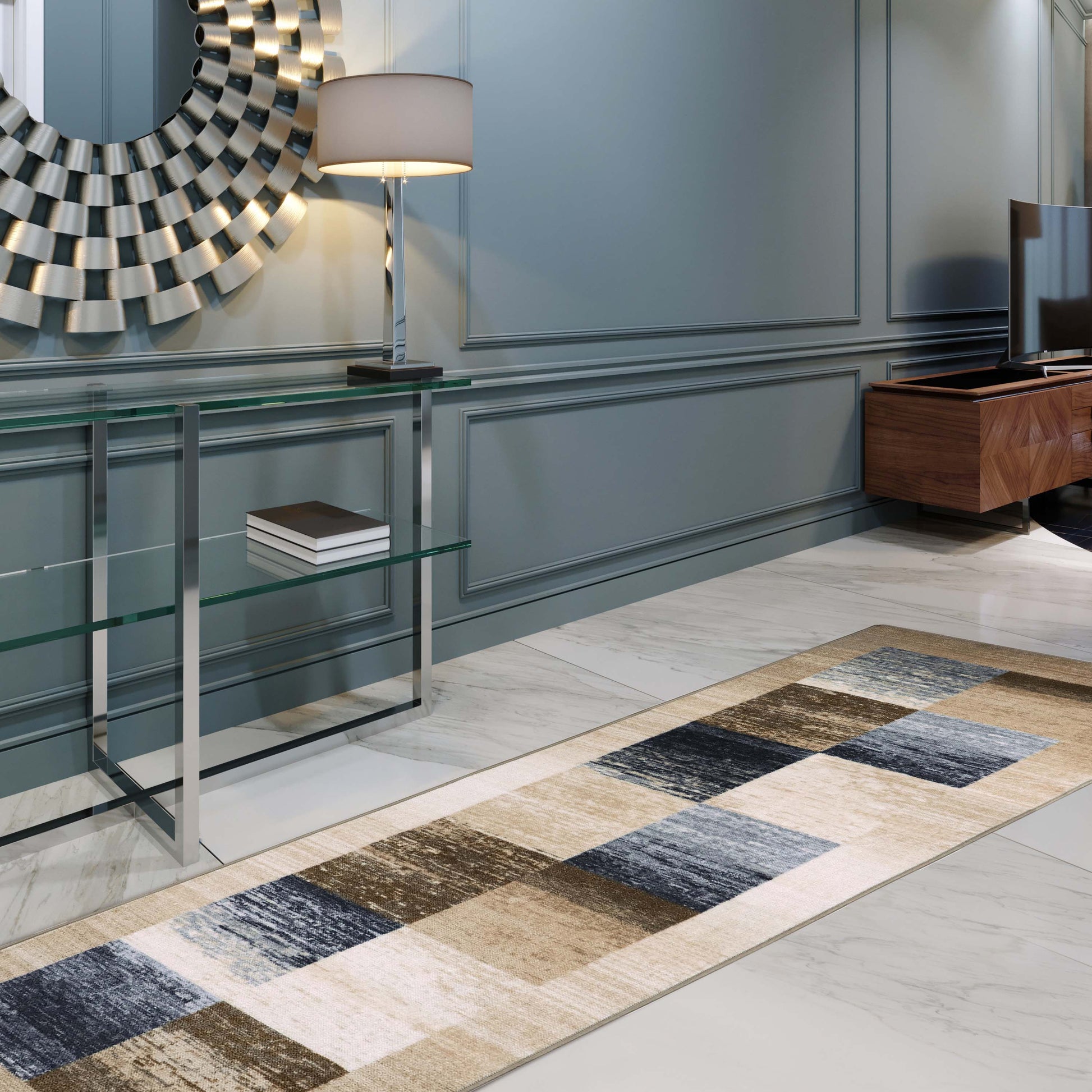 Lockwood Color Block Non-Slip Washable Indoor Area Rug or Runner - Cream