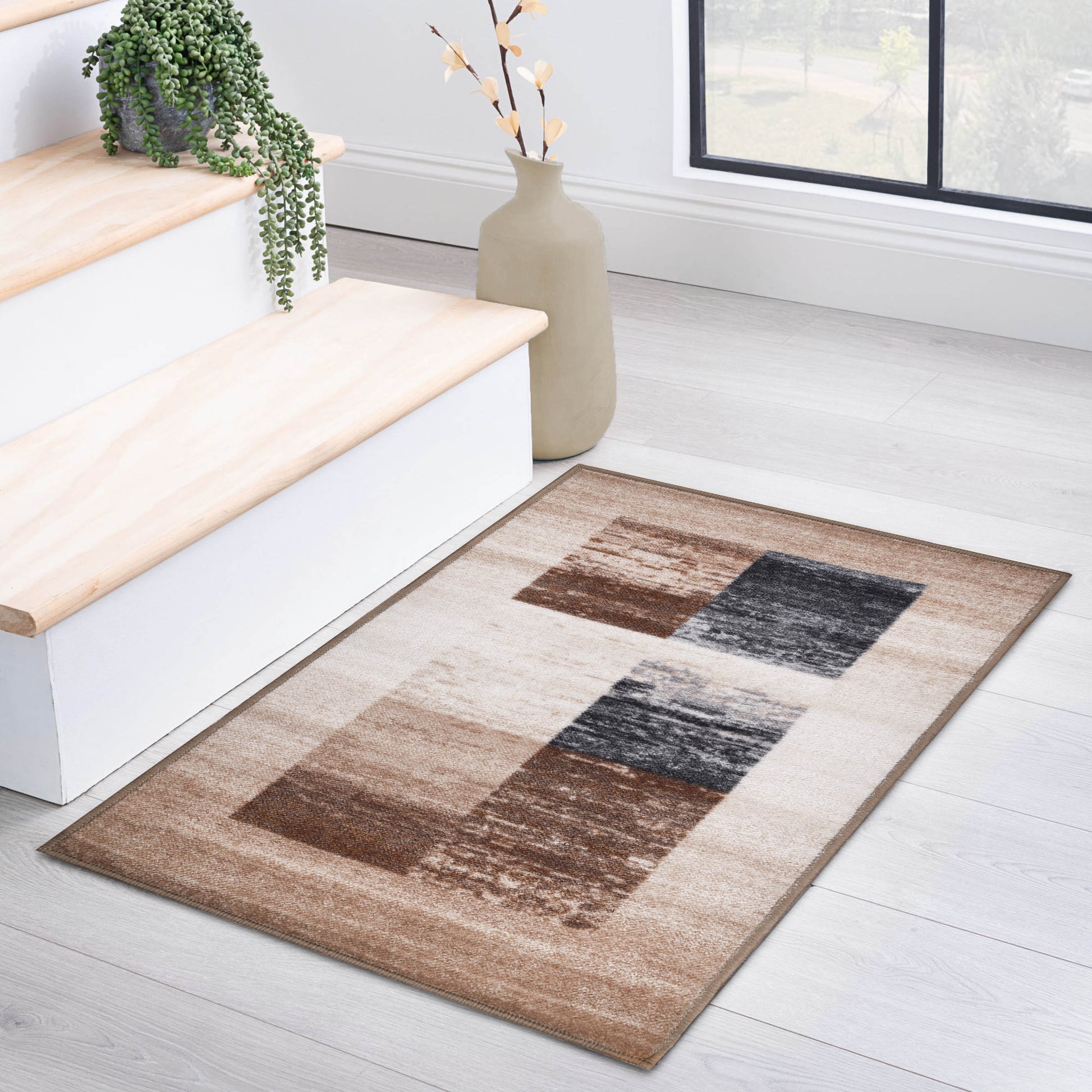 Lockwood Color Block Non-Slip Washable Indoor Area Rug or Runner - Cream