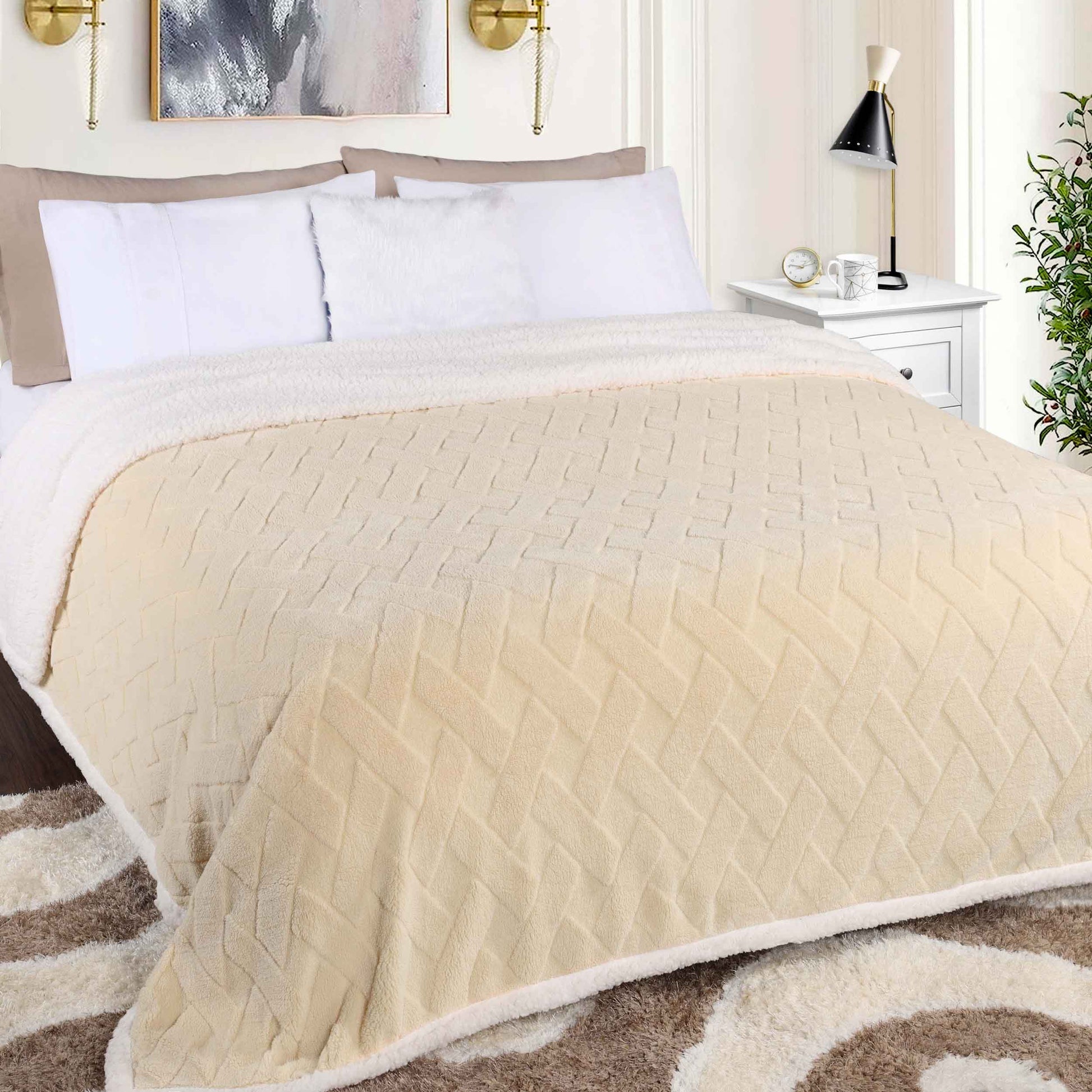 Nuuk Jacquard Lattice Fleece Plush Fluffy Sherpa Reversible Blanket - Cream