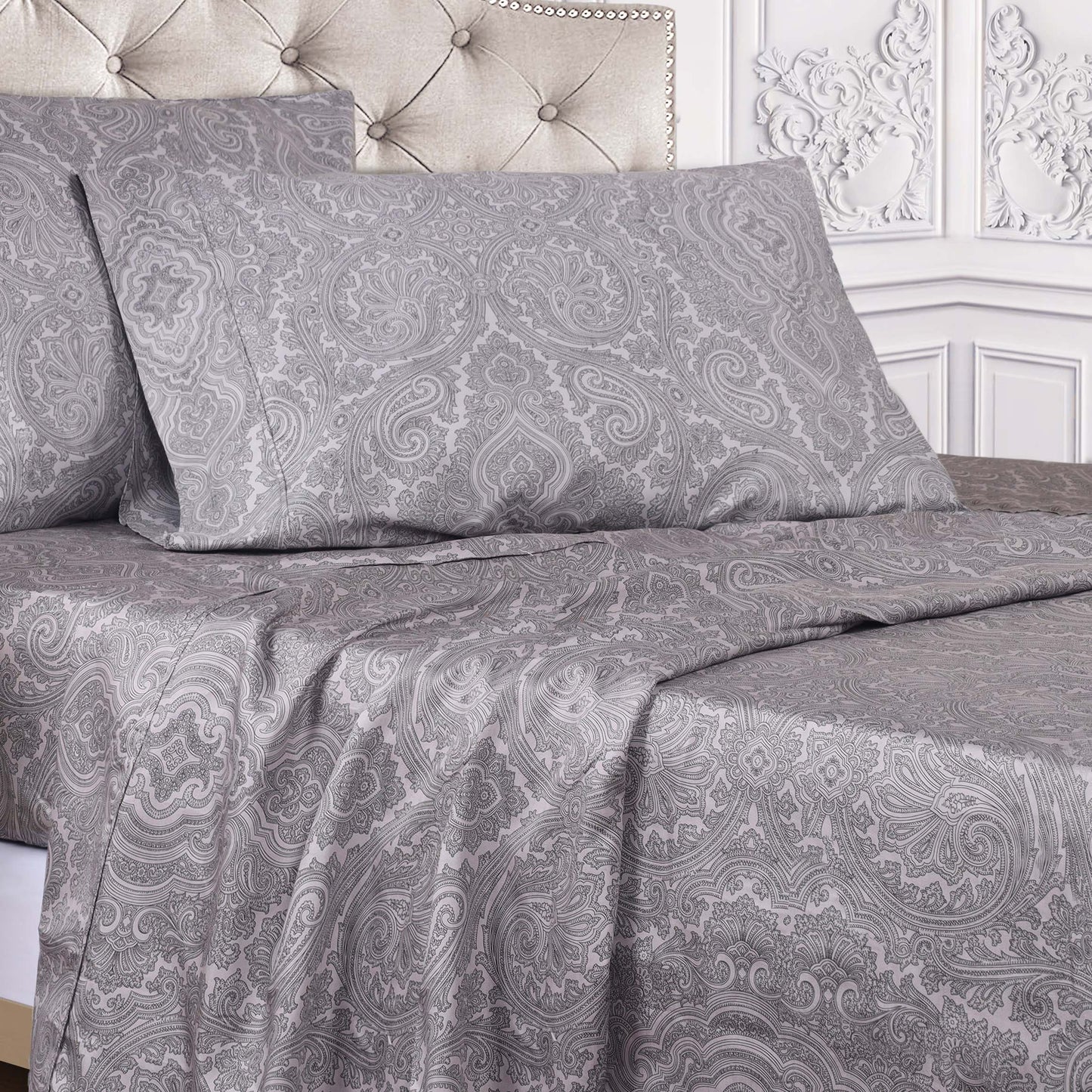 Italian Paisley 600 Thread Count Cotton Blend Deep Pocket Sheet Set - DarkGray