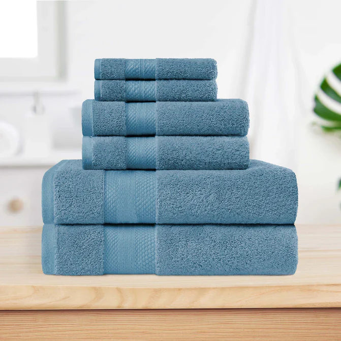 Turkish Cotton Highly Absorbent Solid 6 Piece Towel Set - DenimBlue