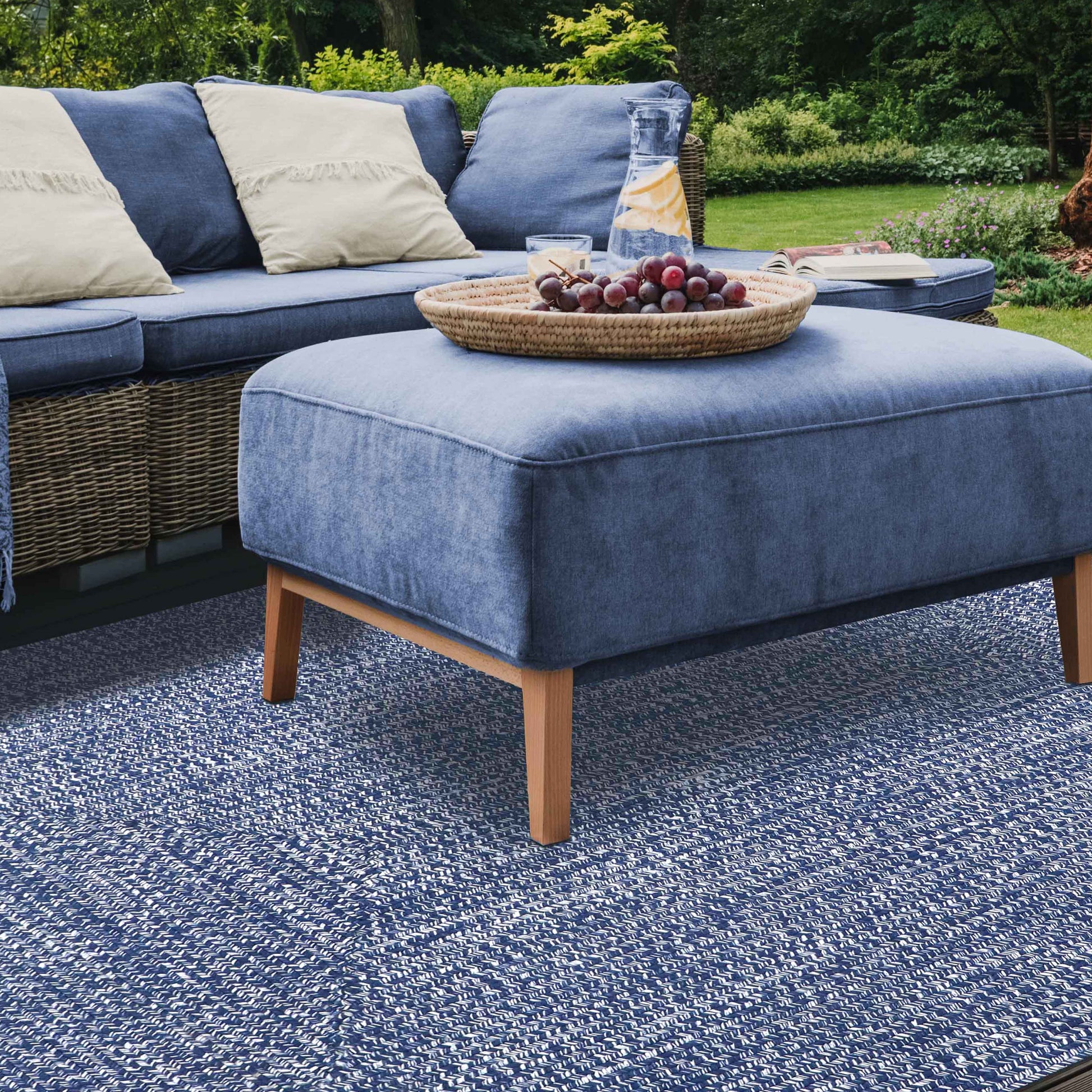 Multi Toned Braided Area Rug Bohemian Indoor Outdoor Rugs - DenimBlue-White