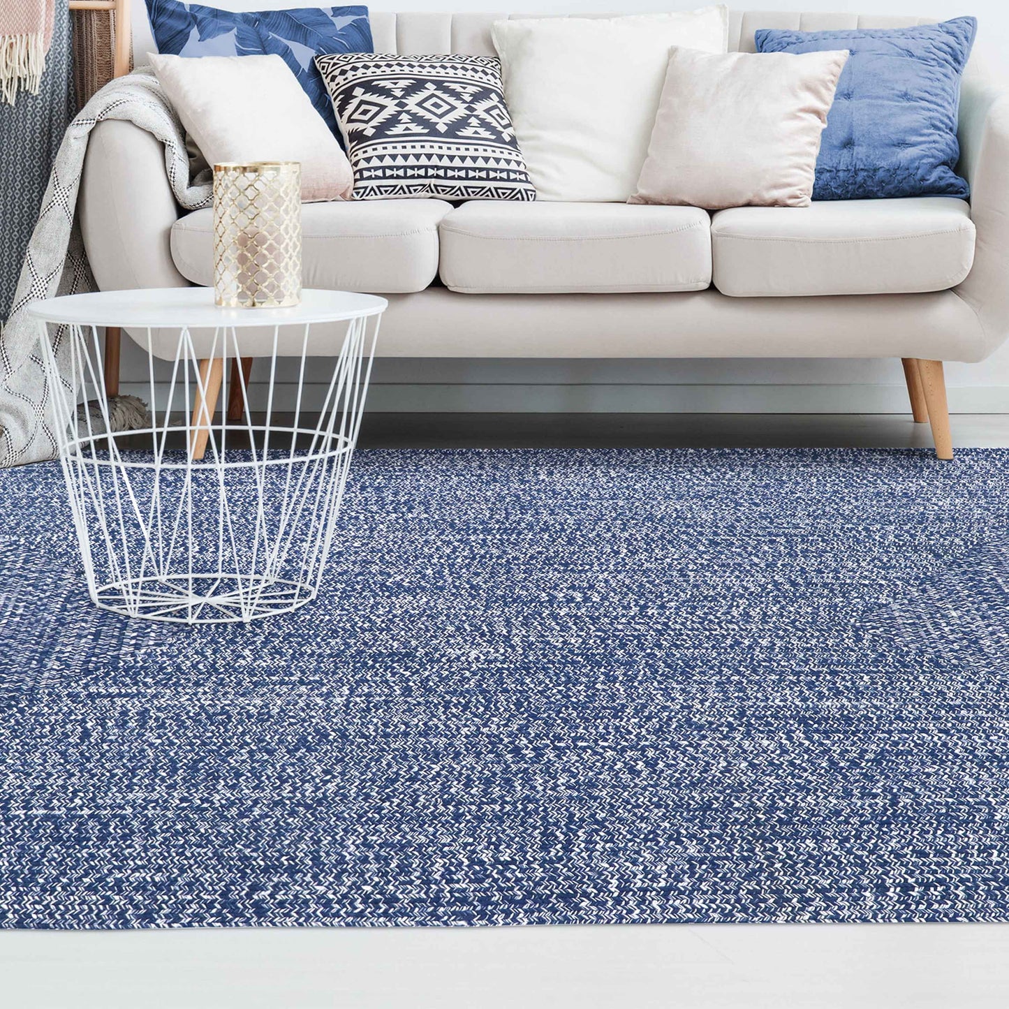 Multi Toned Braided Area Rug Bohemian Indoor Outdoor Rugs - DenimBlue-White
