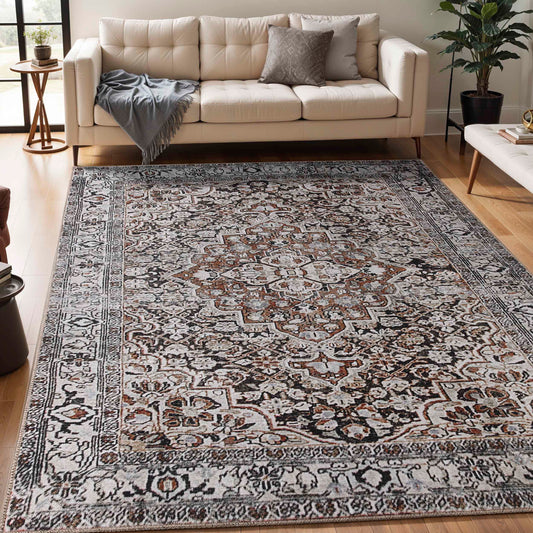 Elodie Distressed Bohemian Geometric Floral Medallion Indoor Area Rug - MossyGold