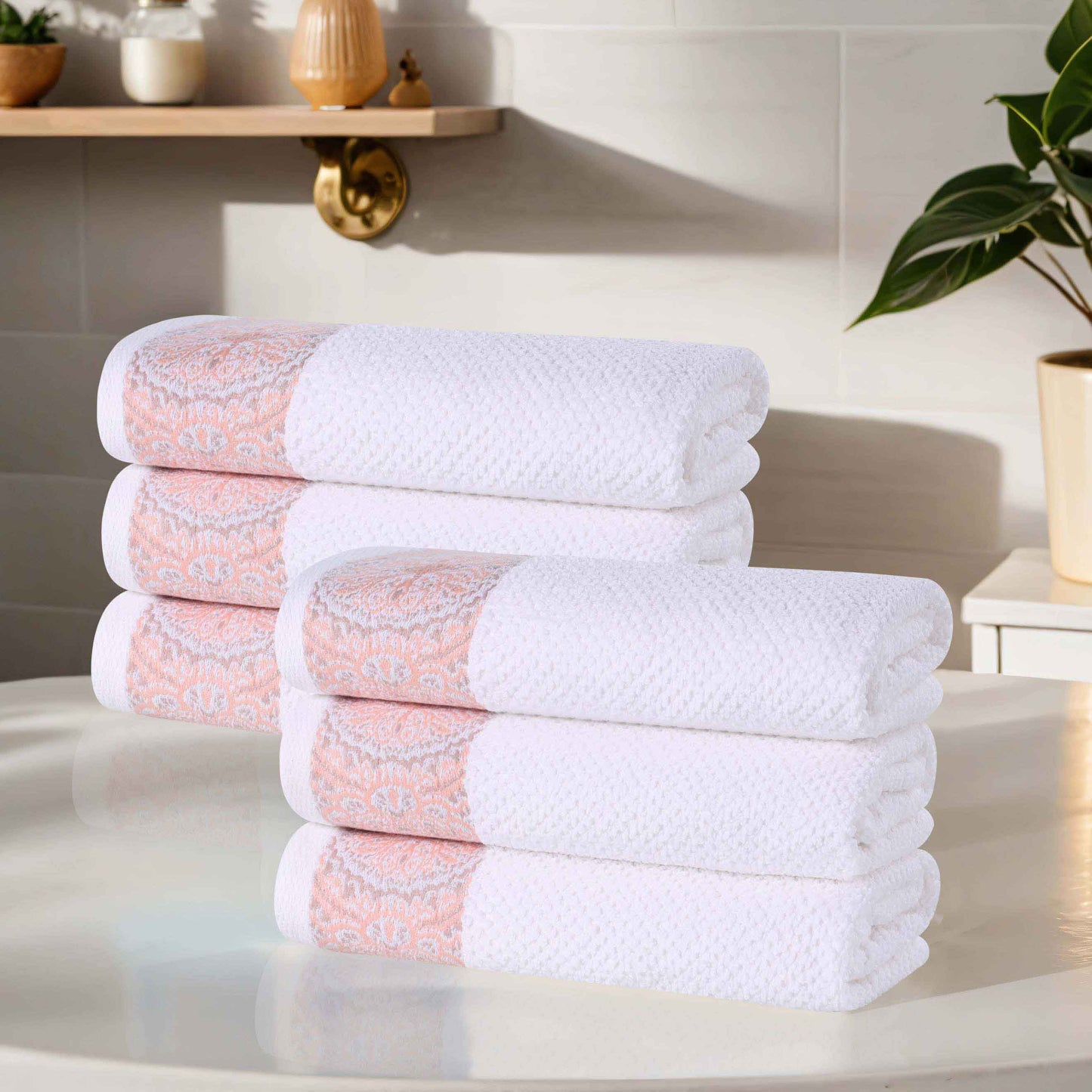 Medallion Cotton Jacquard Textured Soft Absorbent Hand Towel Set of 6 - Emberglow