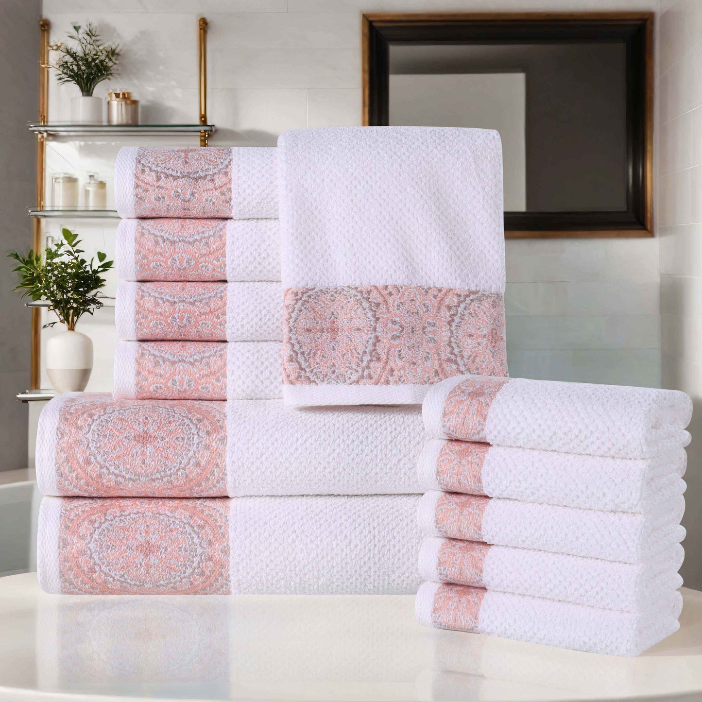 Medallion Cotton Jacquard Textured Soft Absorbent 12 Piece Towel Set - Emberglow