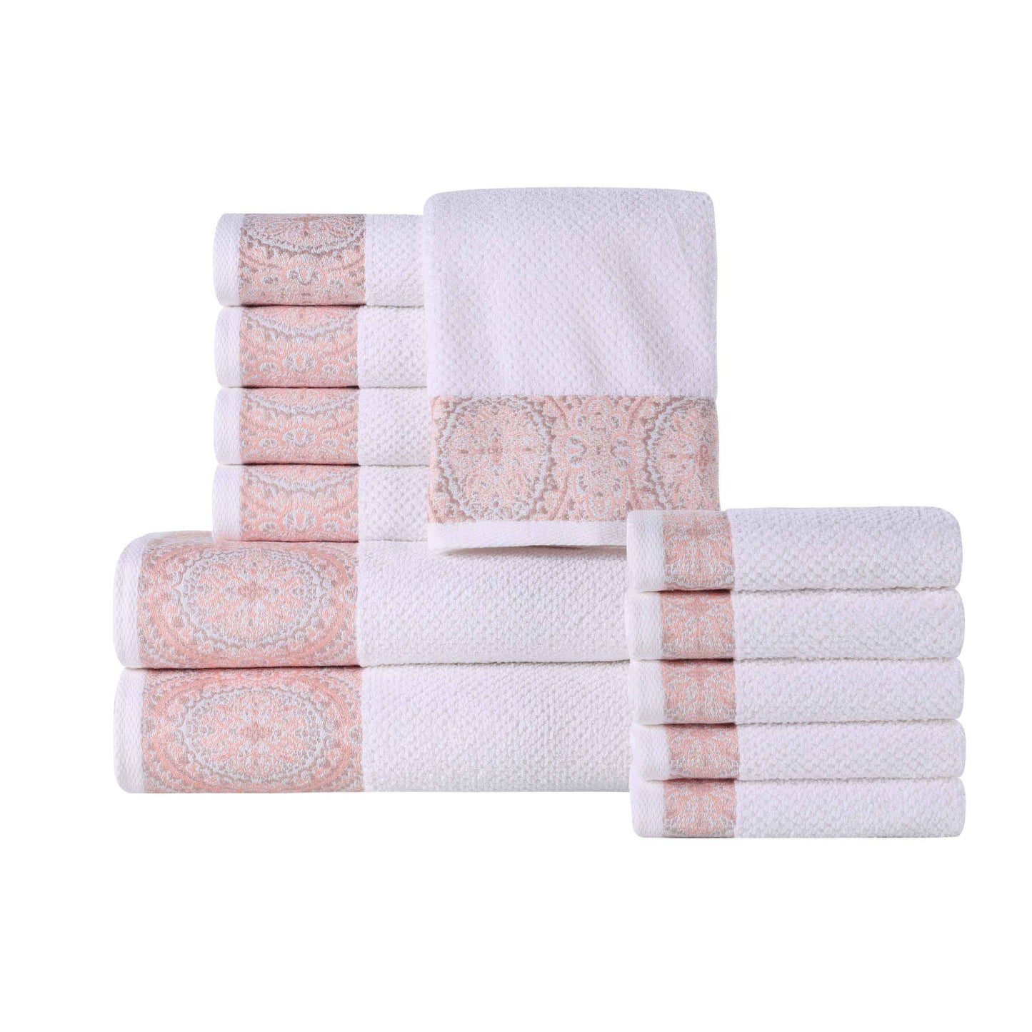 Medallion Cotton Jacquard Textured Soft Absorbent 12 Piece Towel Set - Emberglow