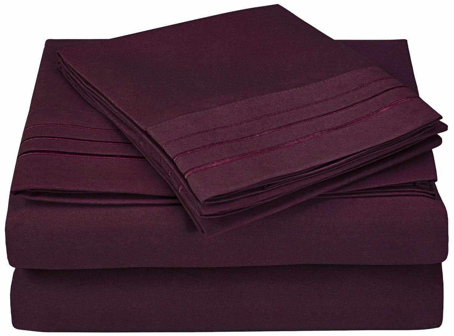 Superior 3000 Series Wrinkle Resistant 3 Line Embroidery Microfiber Deep Pocket Sheet Set - Plum