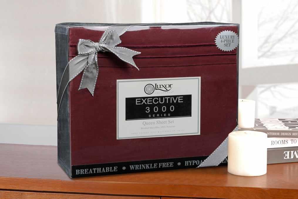 Superior 3000 Series Wrinkle Resistant 3 Line Embroidery Microfiber Deep Pocket Sheet Set - Burgundy