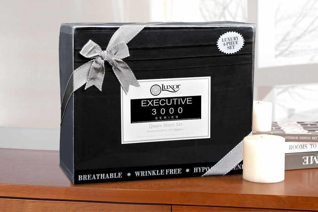 Superior 3000 Series Wrinkle Resistant 3 Line Embroidery Microfiber Deep Pocket Sheet Set - Black