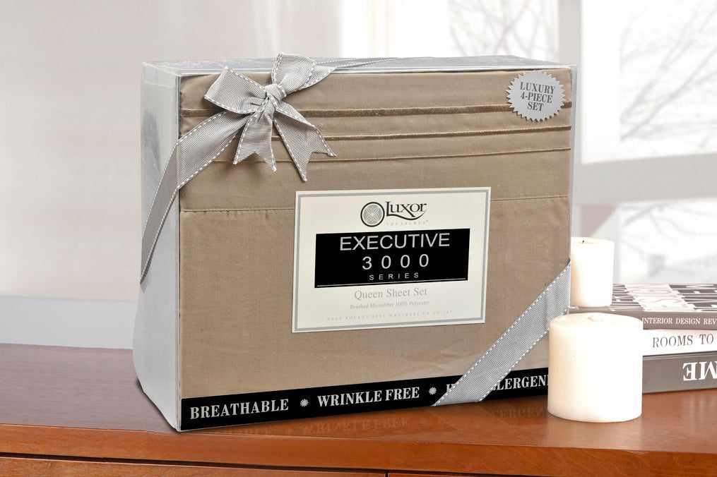 Superior 3000 Series Wrinkle Resistant 3 Line Embroidery Microfiber Deep Pocket Sheet Set - Tan