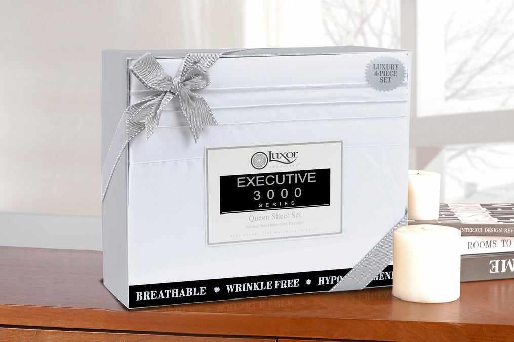 Superior 3000 Series Wrinkle Resistant 3 Line Embroidery Microfiber Deep Pocket Sheet Set - White