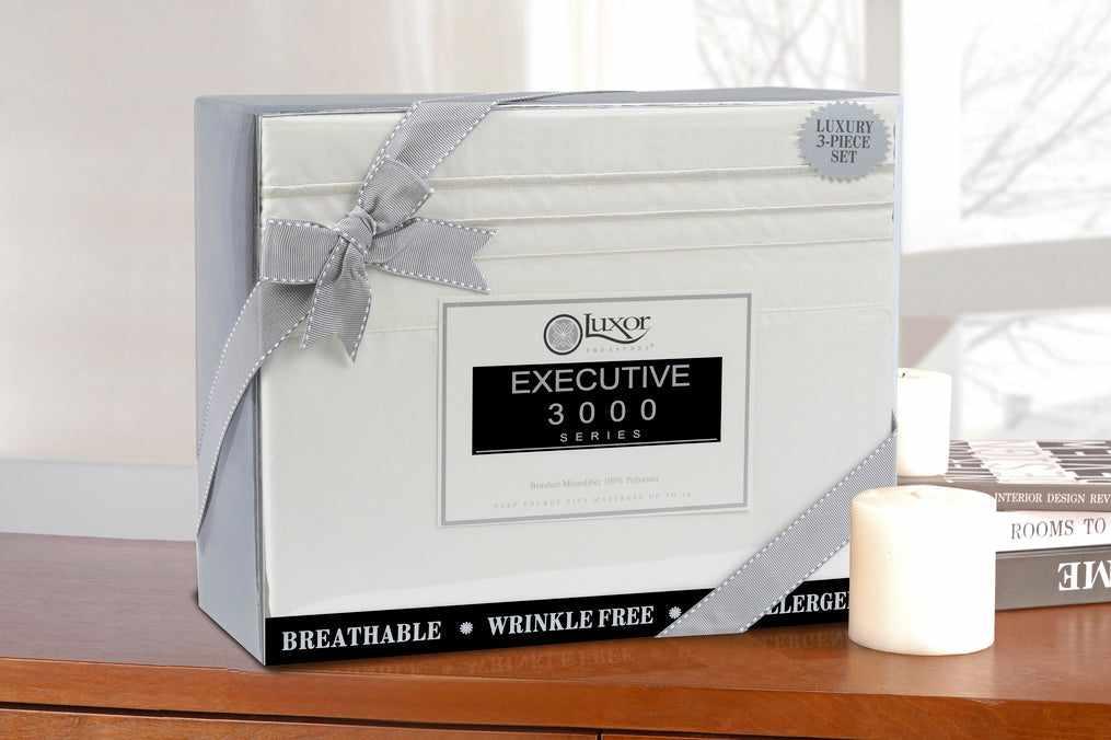 Superior 3000 Series Wrinkle Resistant 3 Line Embroidery Microfiber Deep Pocket Sheet Set  - White