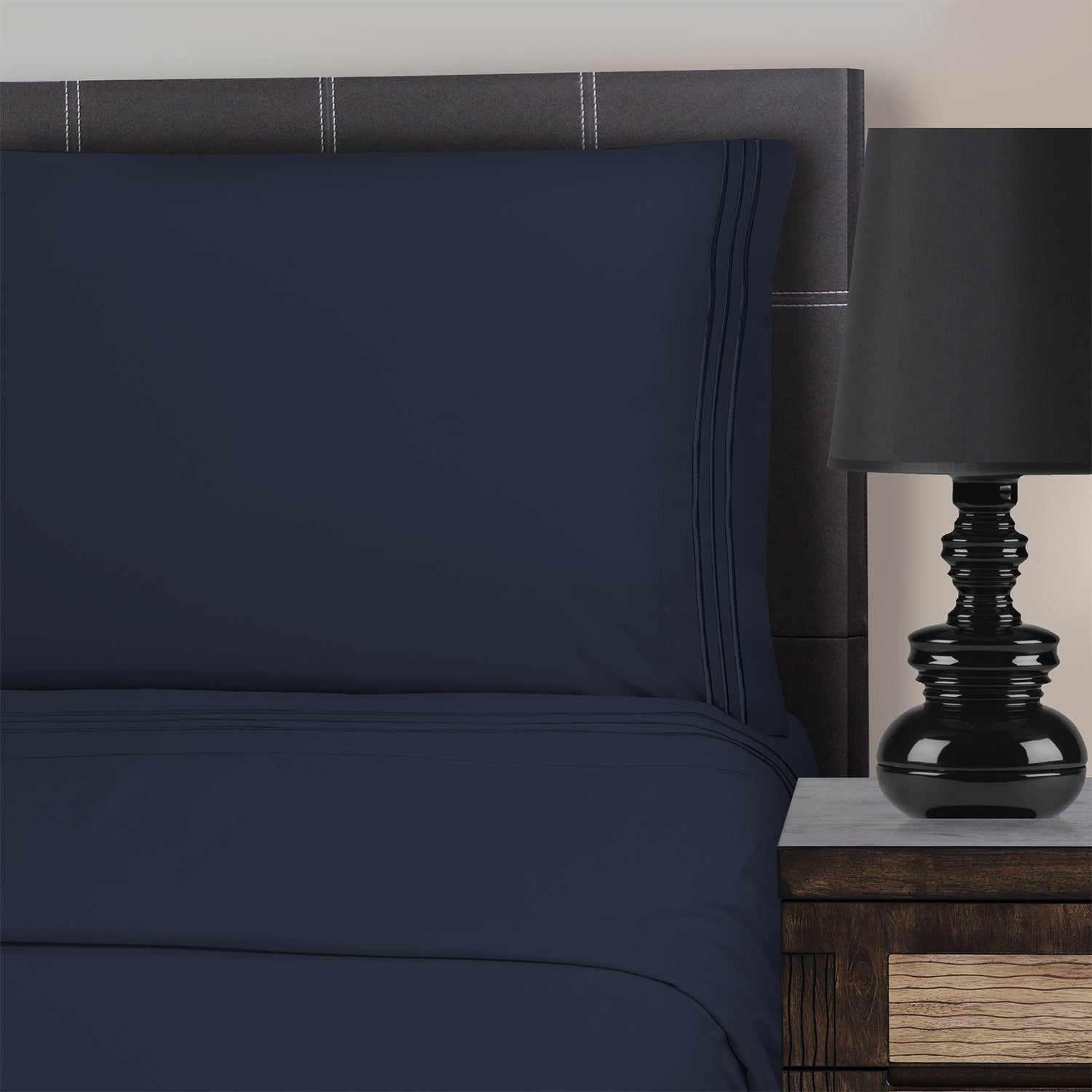 Superior 3000 Series Wrinkle Resistant 3 Line Embroidery Microfiber Deep Pocket Sheet Set - Navy Blue