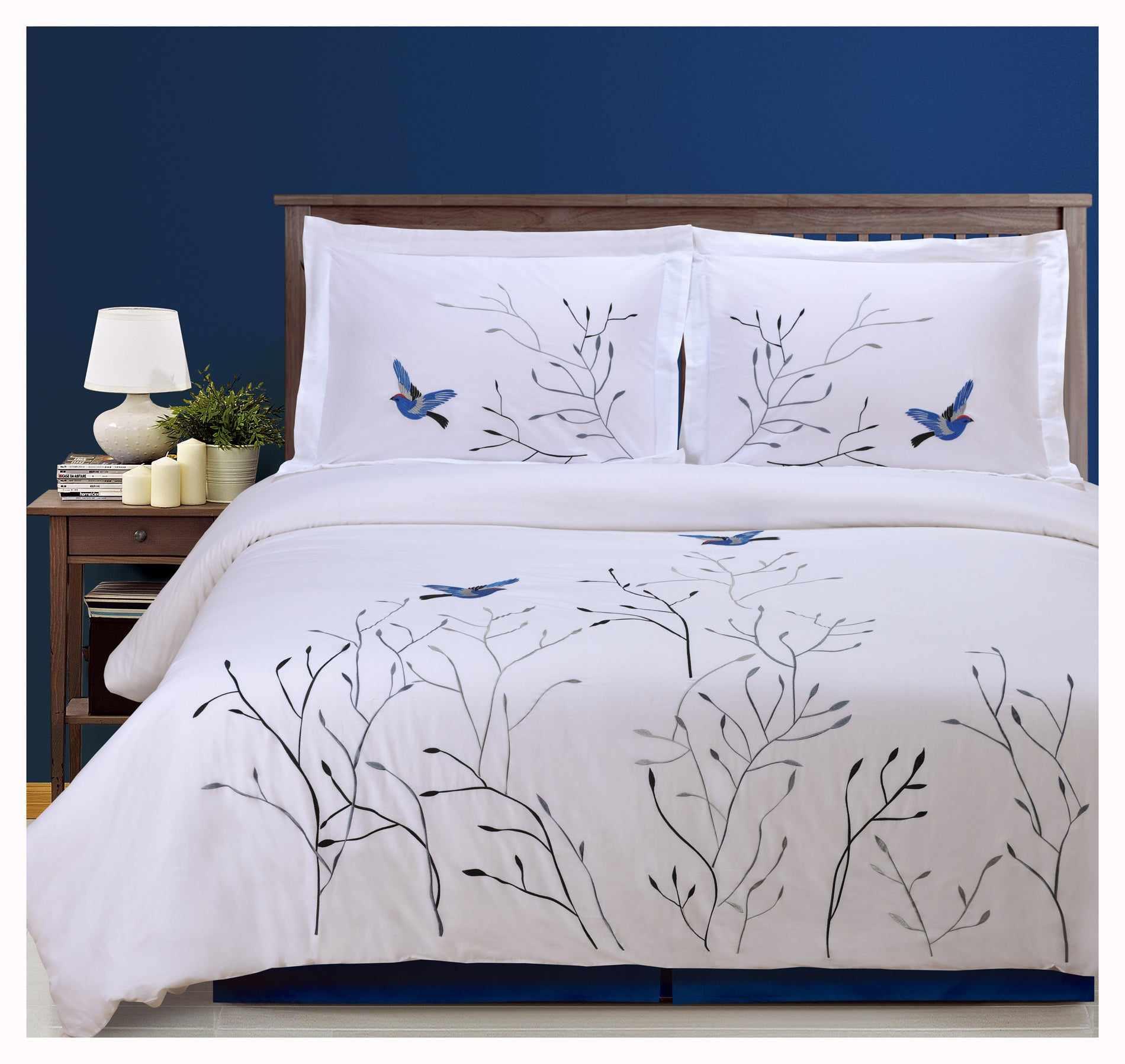 Superior Embroidered Swallow and Floral Cotton Duvet Cover Set - Medium Blue