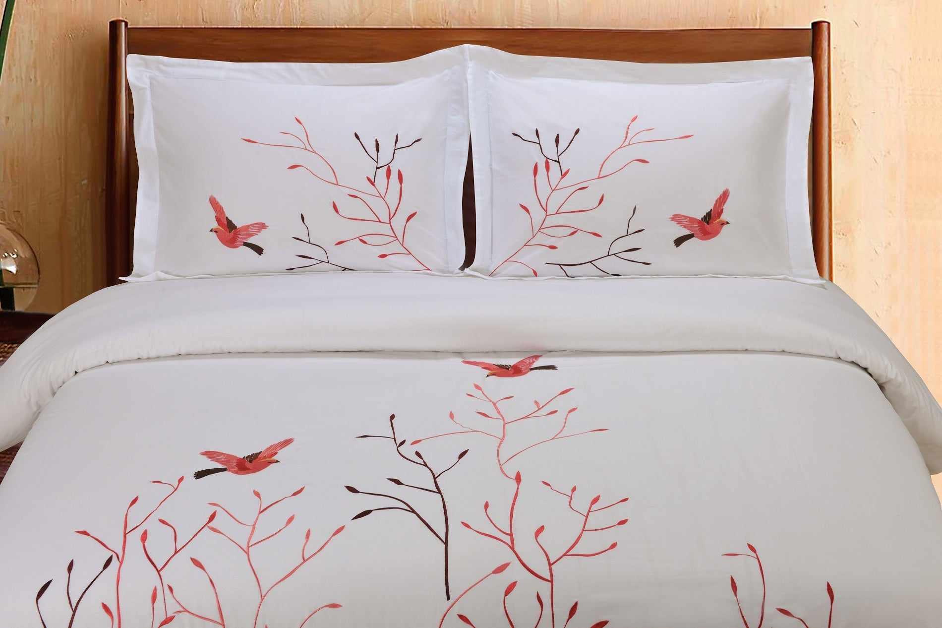 Superior Embroidered Swallow and Floral Cotton Duvet Cover Set - Red
