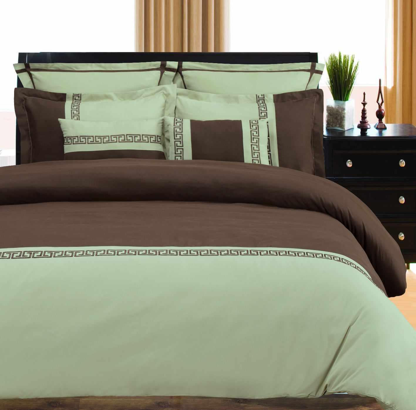 Superior Emma Embroidered Greek Key Reversible 7-Piece Microfiber Duvet Cover Set - Choco/Sage