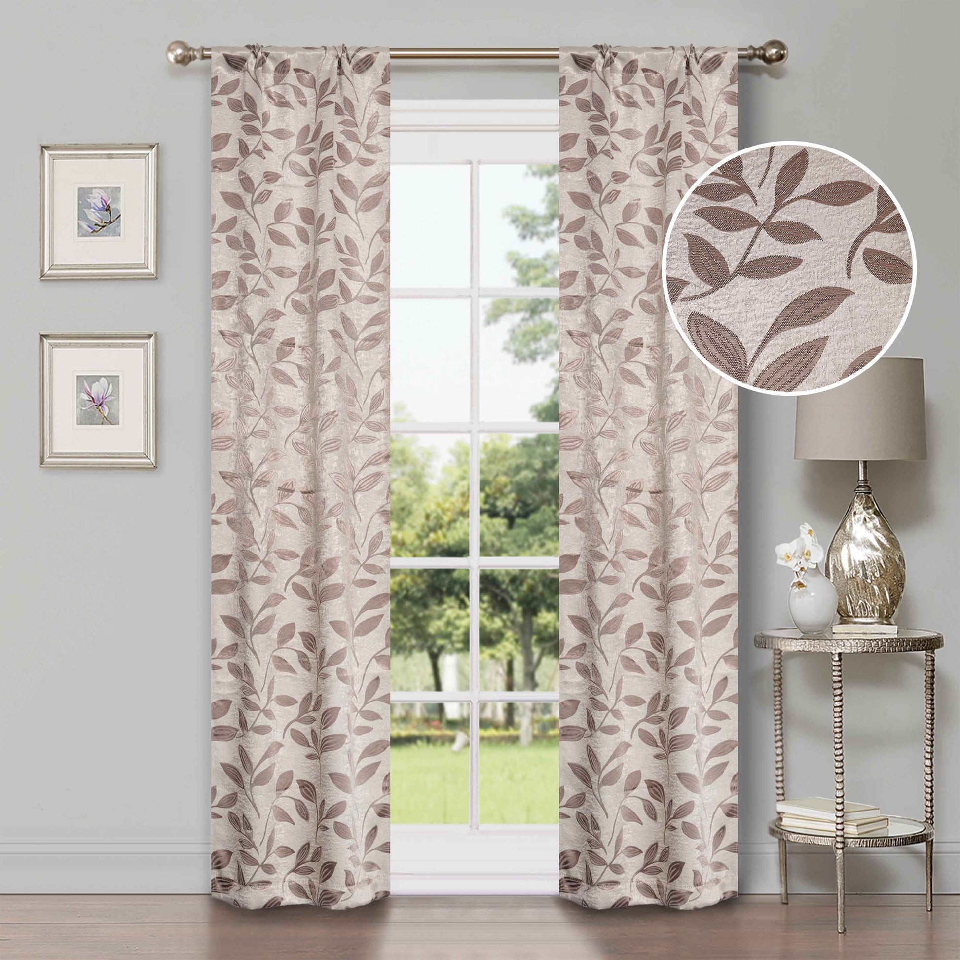 Leaves Machine Washable Room Darkening Blackout Curtains, Set of 2 - Espresso