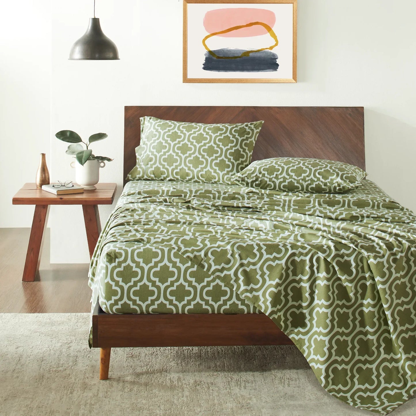 Flannel Brushed Cotton Trellis Geometric Bed Sheet Set