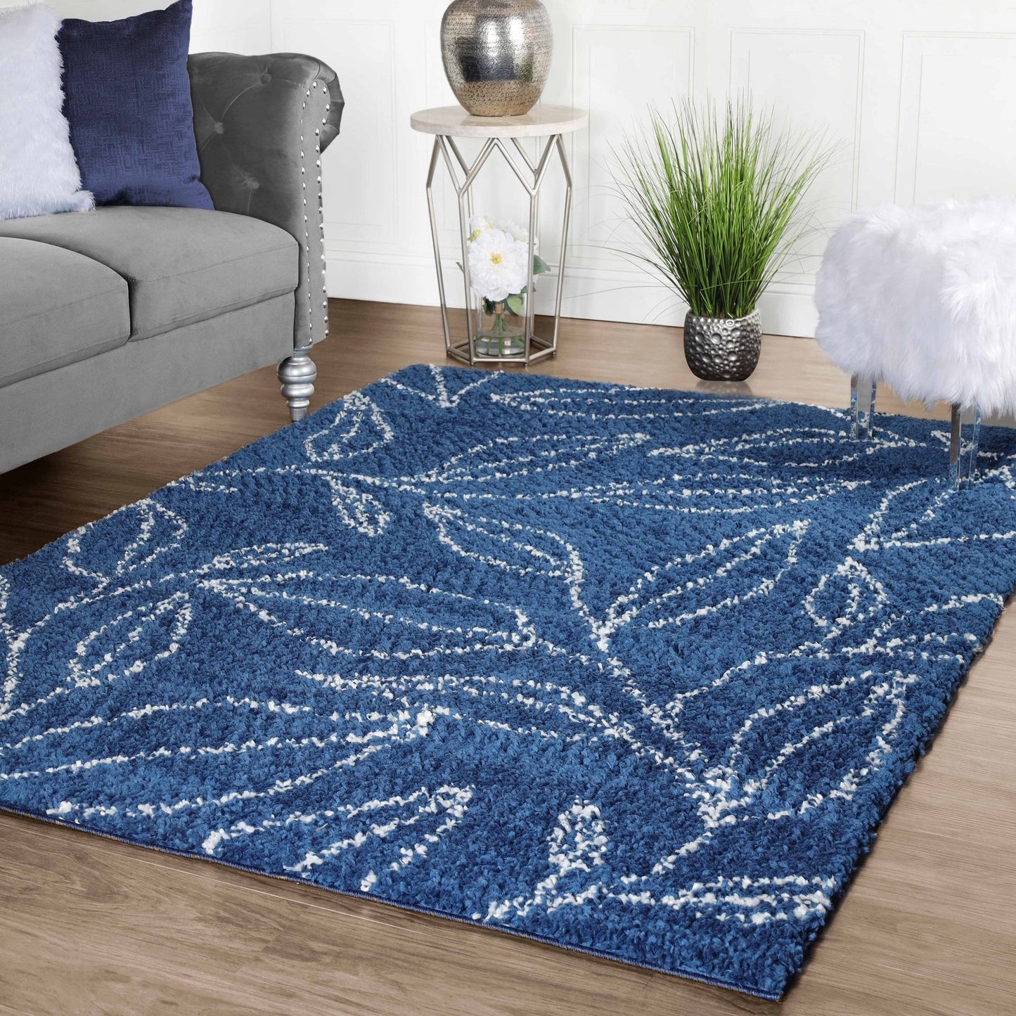 Superior Botanical Indoor Plush Shag Transitional Area Rug - Cream-Blue