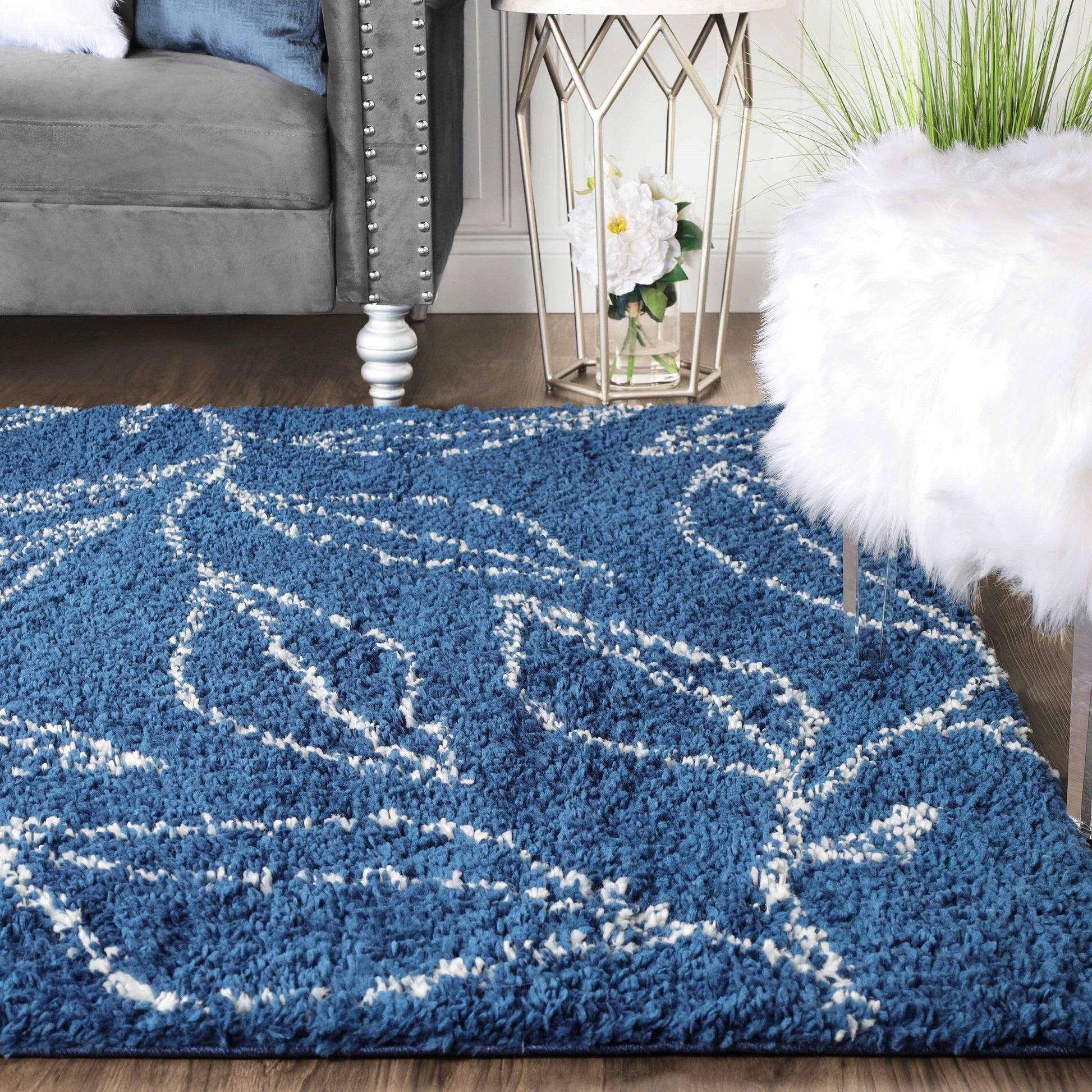 Superior Botanical Indoor Plush Shag Transitional Area Rug - Cream-Blue