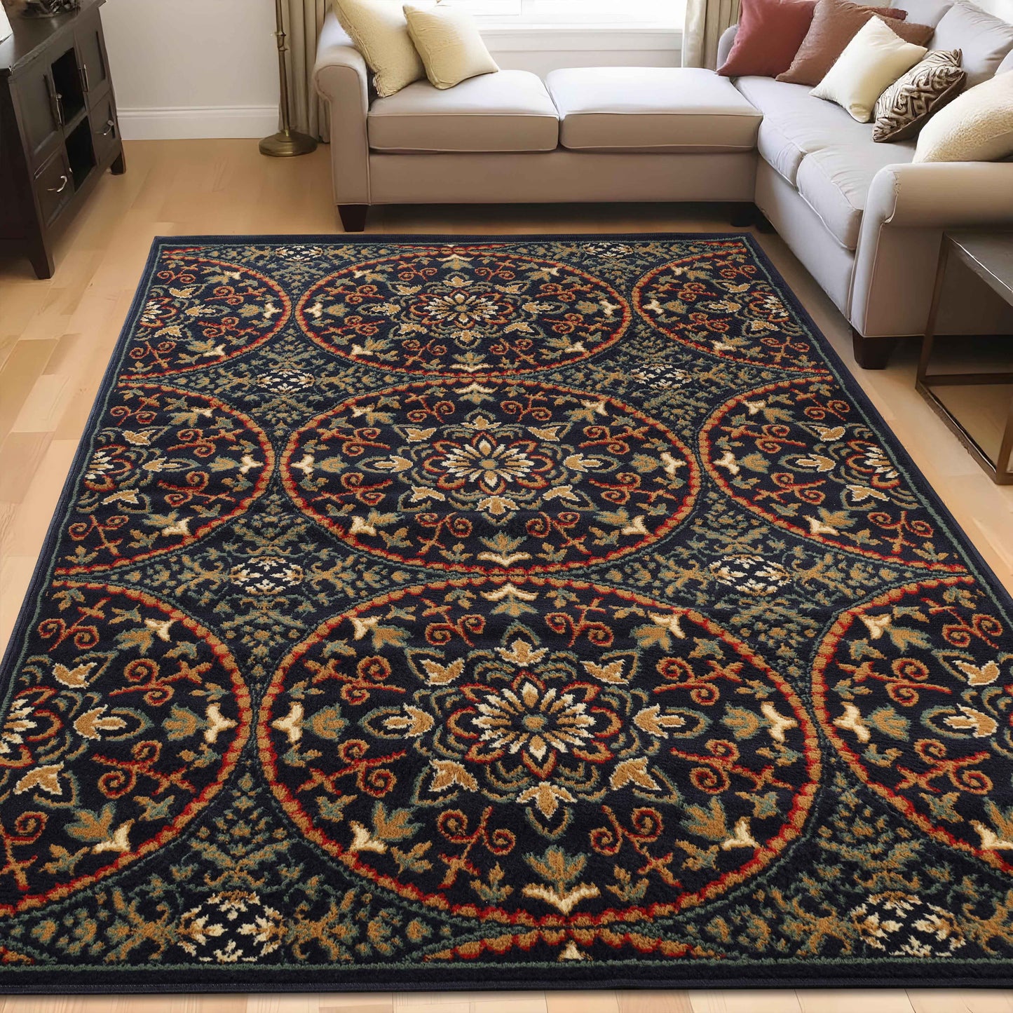 Fancy Medallion Floral Traditional Indoor Area Rug - MidnightBlue