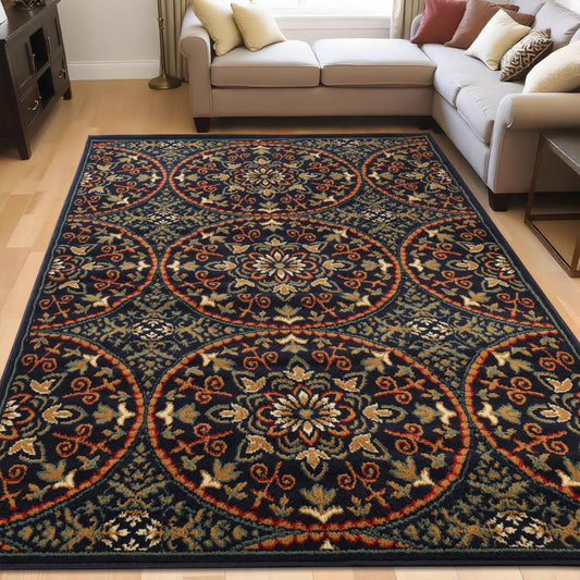 Fancy Medallion Floral Traditional Indoor Area Rug - MidnightBlue