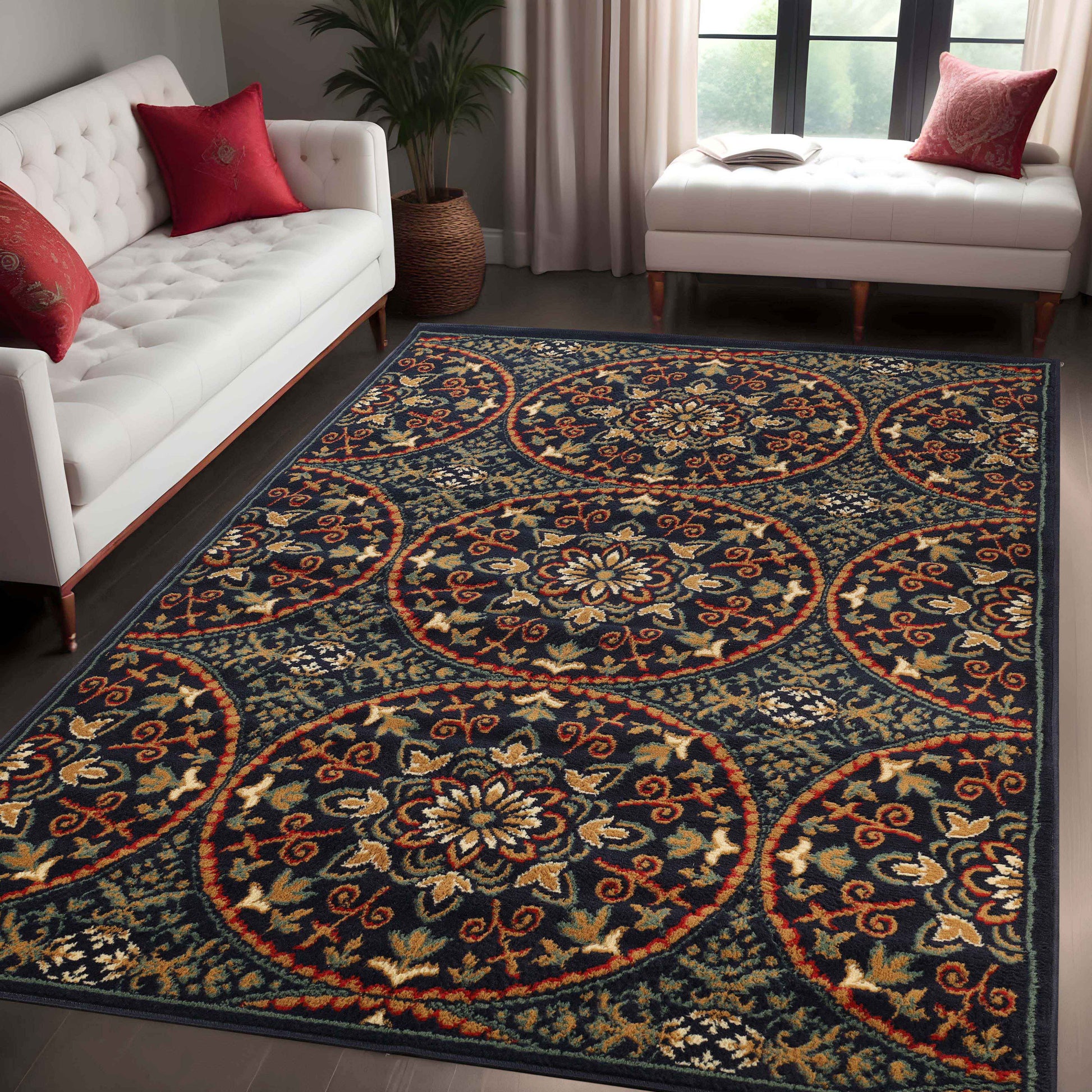 Fancy Medallion Floral Traditional Indoor Area Rug - MidnightBlue