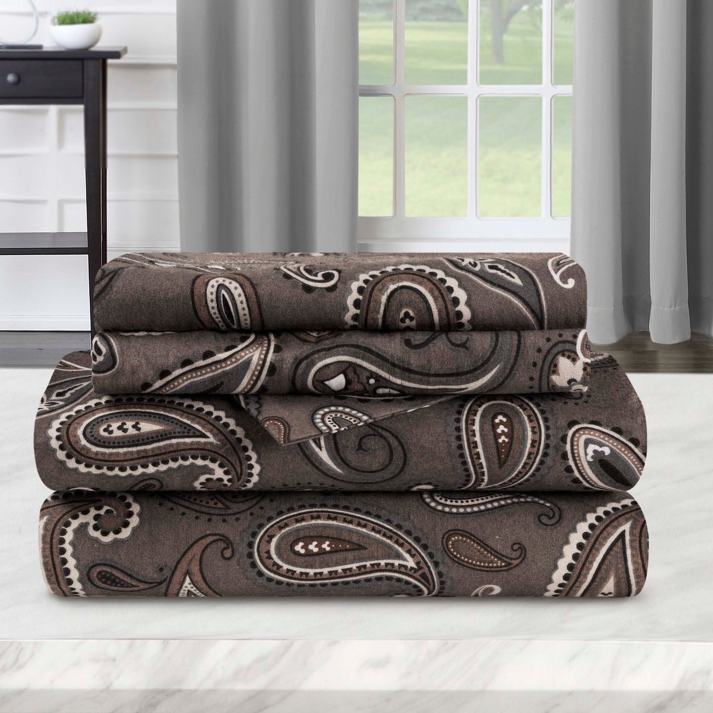 Superior Cotton Flannel Paisley Luxury Bed Sheet Set - Charcoal