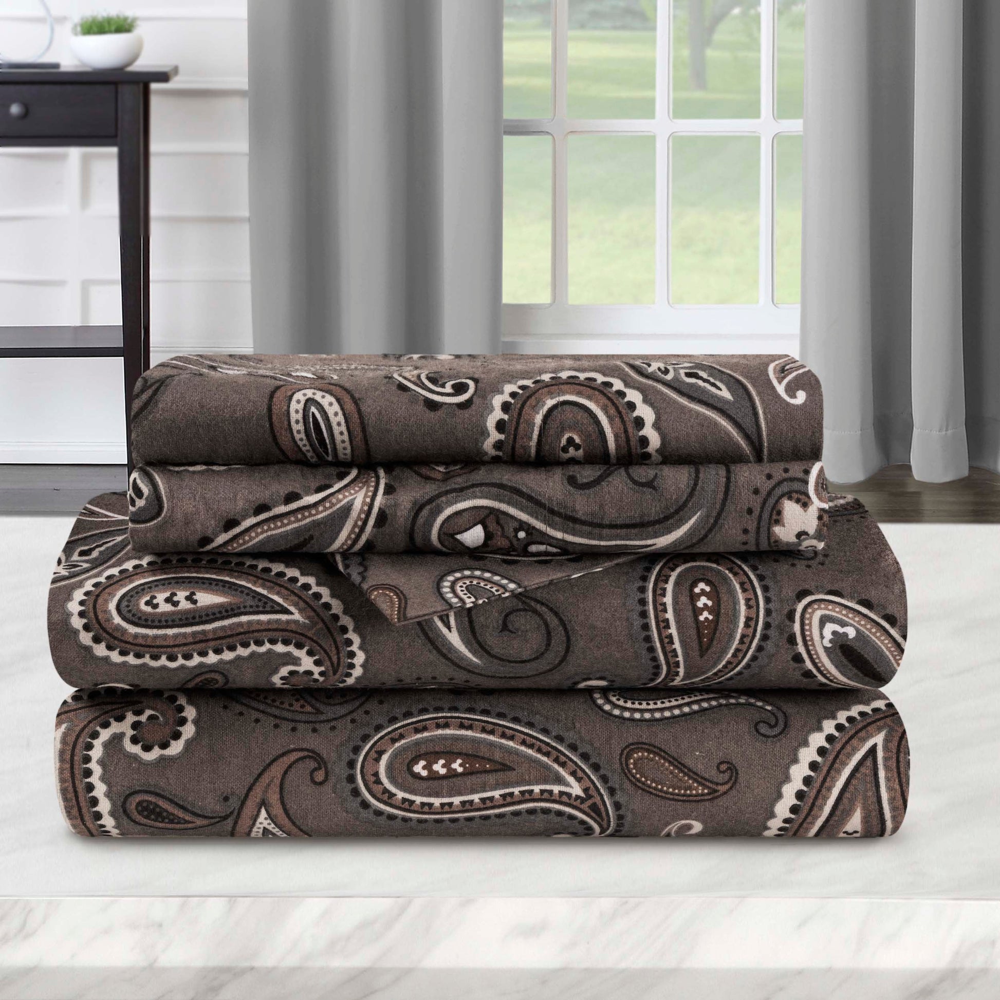 Superior Cotton Flannel Paisley Luxury Bed Sheet Set - Charcoal