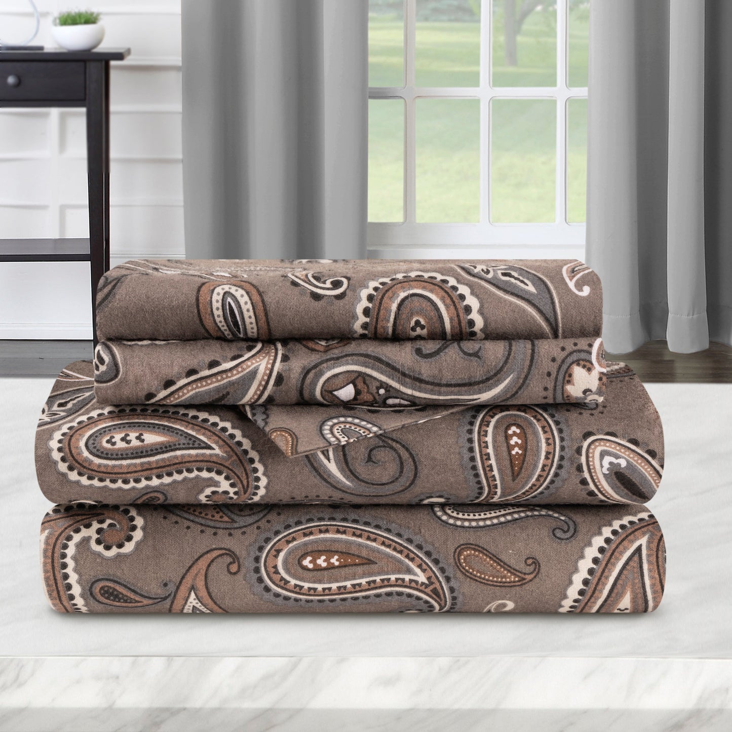 Superior Cotton Flannel Paisley Luxury Bed Sheet Set - Grey