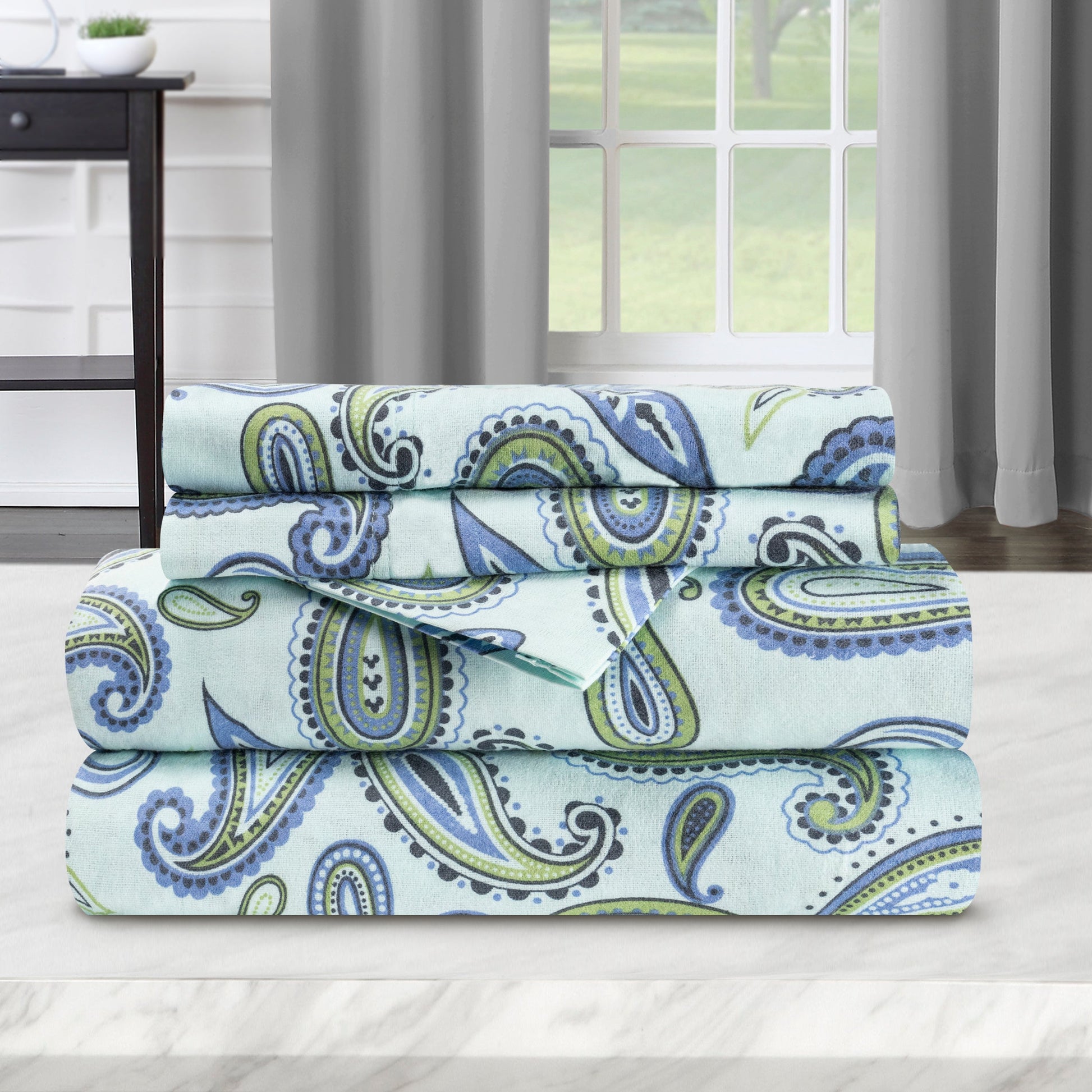 Superior Cotton Flannel Paisley Luxury Bed Sheet Set - Light Blue