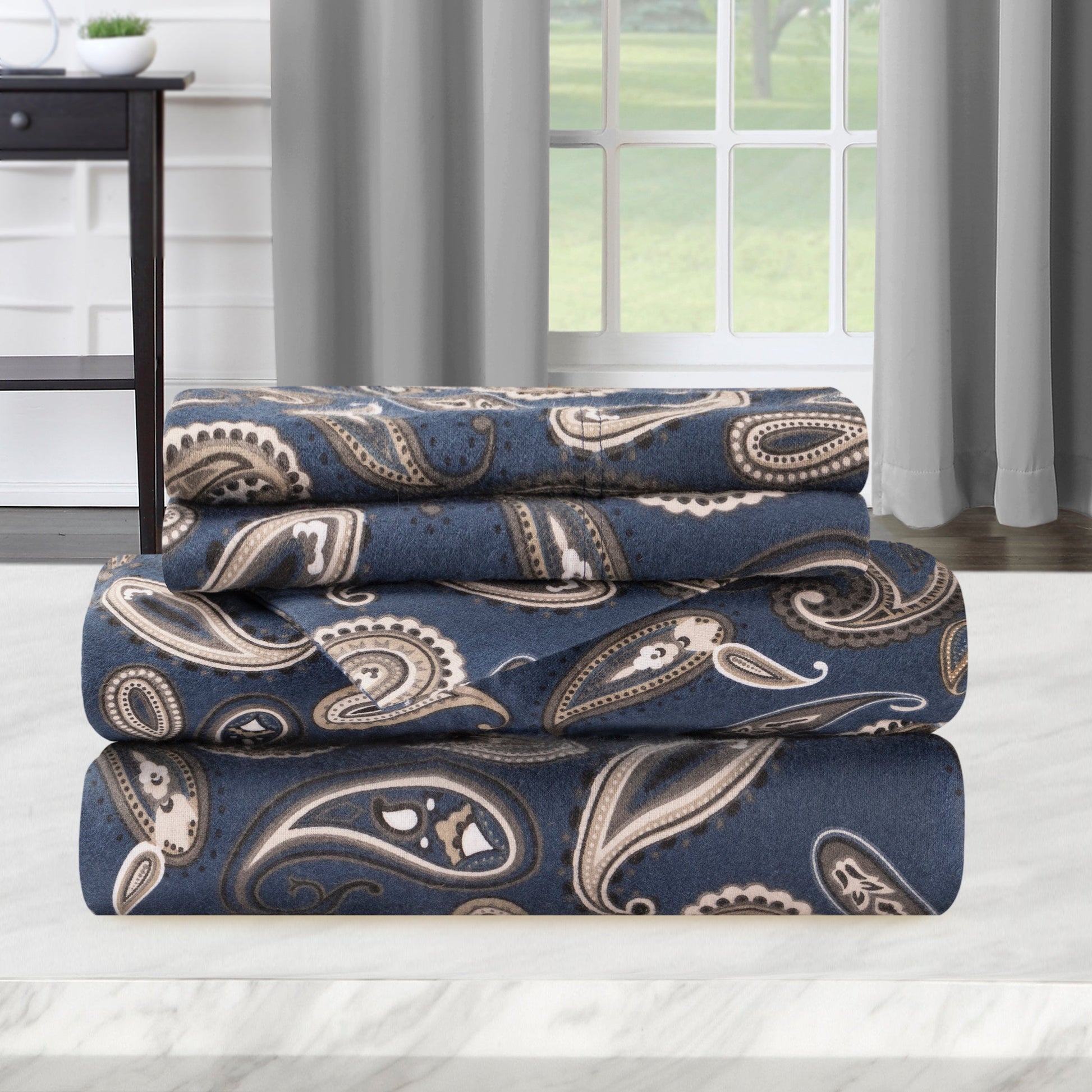 Superior Cotton Flannel Paisley Luxury Bed Sheet Set - Navy Blue