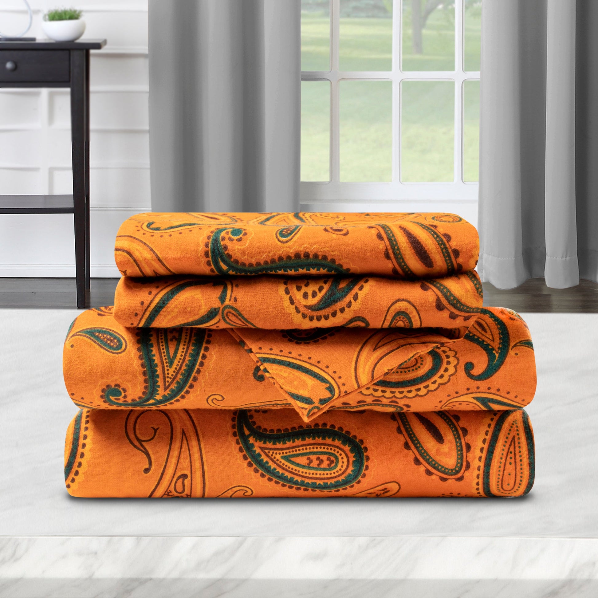 Superior Cotton Flannel Paisley Luxury Bed Sheet Set - Pumpkin