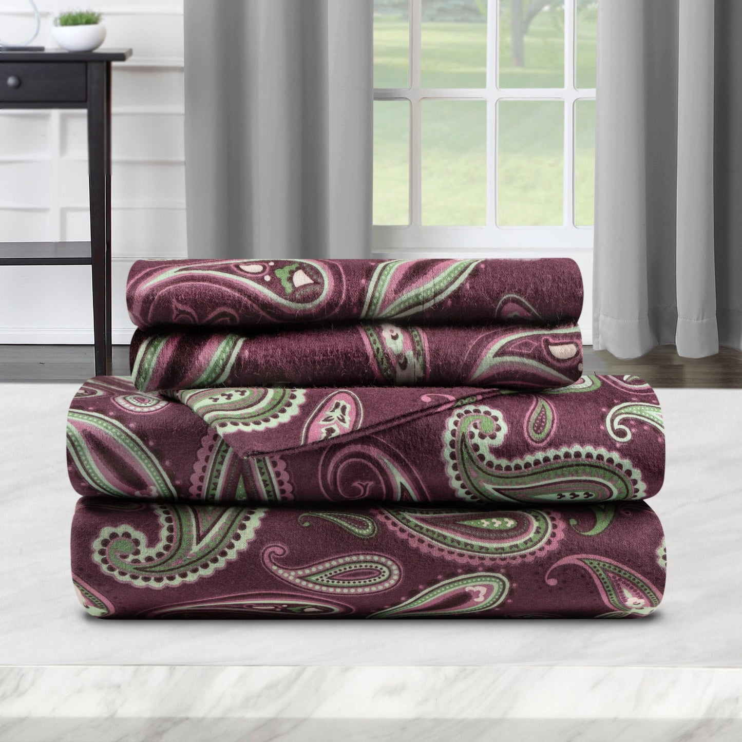 Superior Cotton Flannel Paisley Luxury Bed Sheet Set - Purple